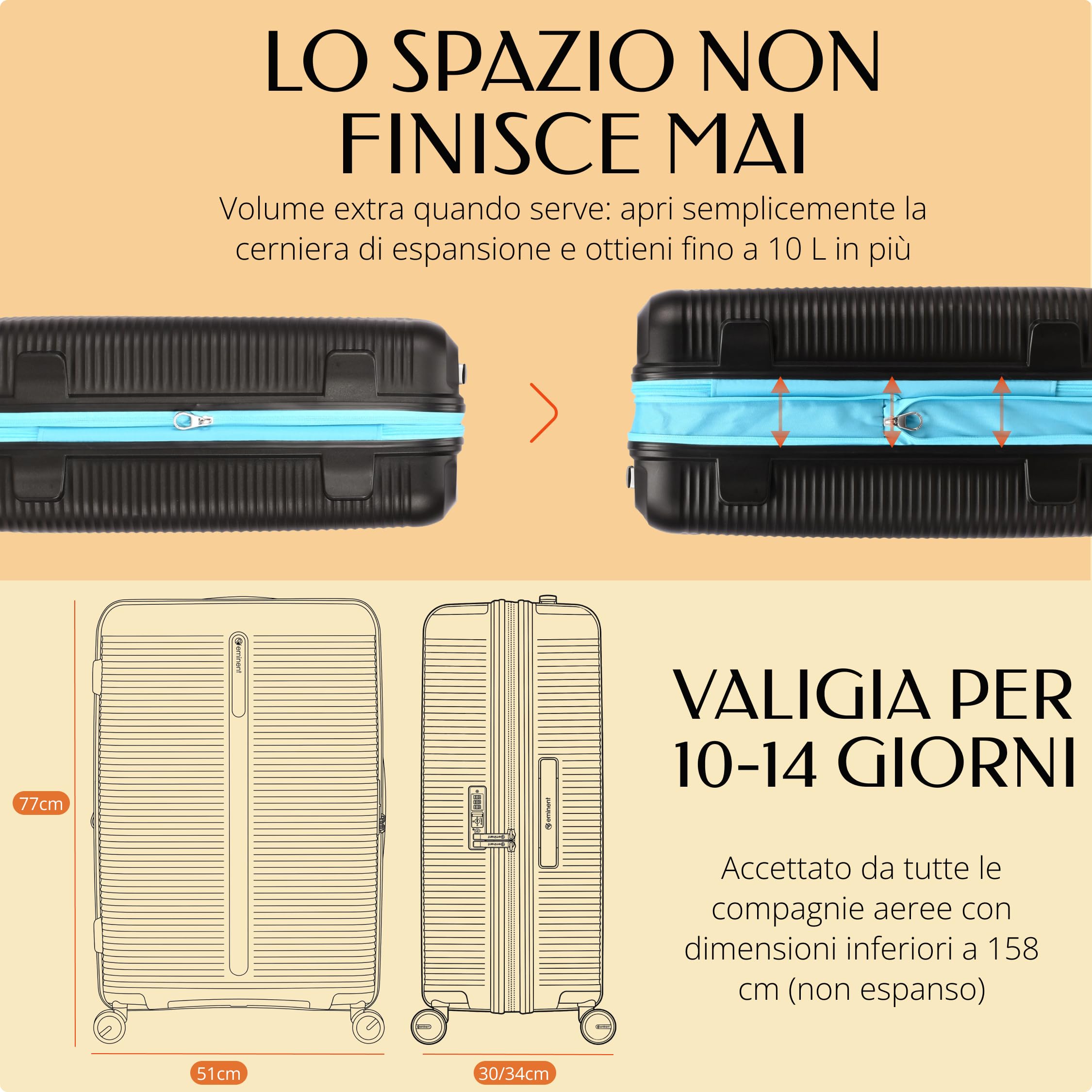 Eminent Finno Valigia Grande 23 kg da Stiva, Trolley XL 158 cm Leggero | Valigia grande XXL rigida, 3,9 kg, 110L, 158 cm per 23 kg da stiva, espandibile 77x51x30/34, polipropilene, Nero