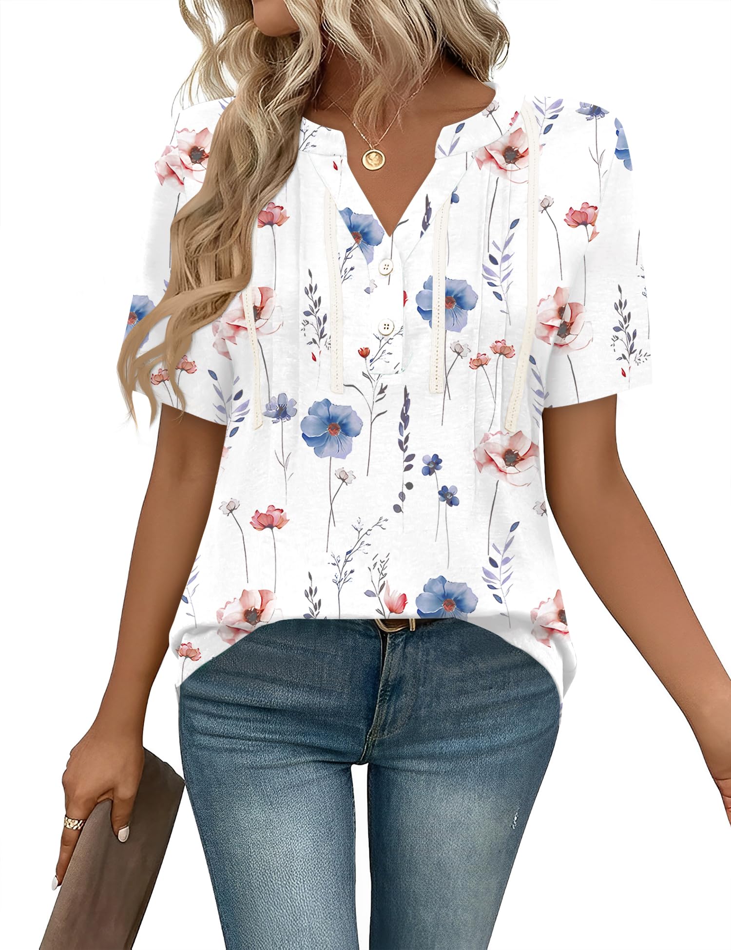 IECCP Bluse Damen Kurzarm Tunika V Ausschnitt Plissiert Oberteile Lässig Blumen T Shirt Sommer Top | Lässige Plissee-Mode-T-Shirts