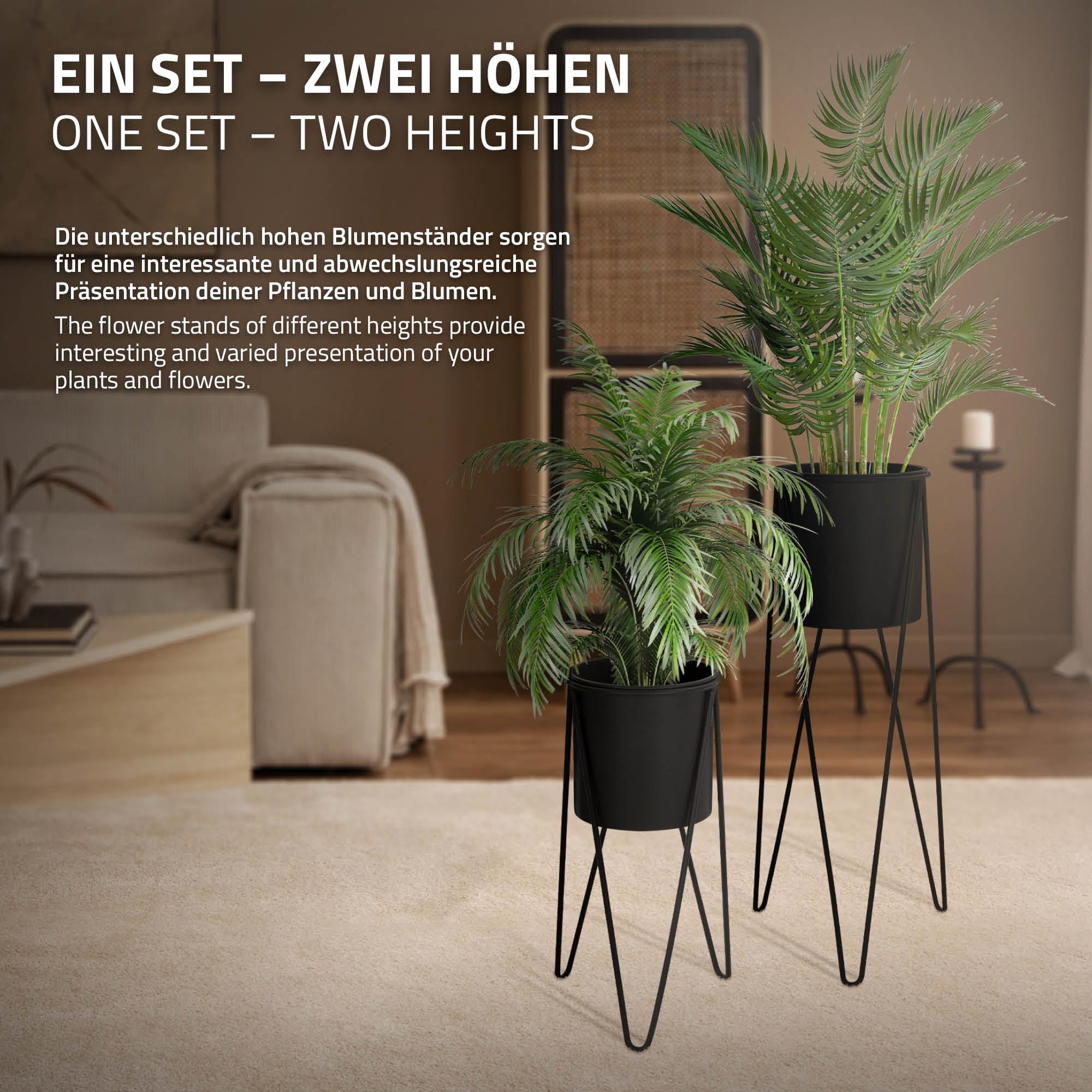 ML-Design stojak na kwiaty, zestaw 2 szt., czarny, 27 x 27 x 48,5 cm, 35,5 x 34 x 75 cm, ze stali, metalowy stelaż, stojak na rośliny, 2-częściowy, stojak na doniczki na kwiaty, dekoracyjny stojak na