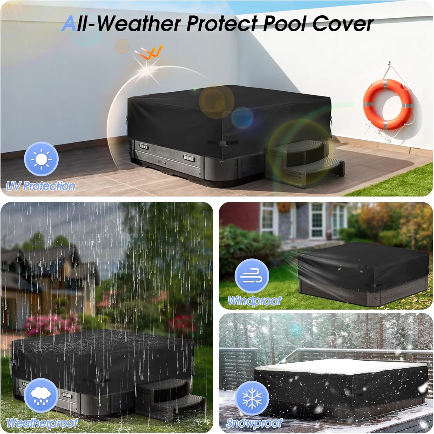 Square Hot Tub Cover, Heavy Duty SPA Covers for Hot Tub, Outdoor SPA Protector Waterproof & Anti-UV Jacuzzi Cover,Black - 80 X 80 Inch