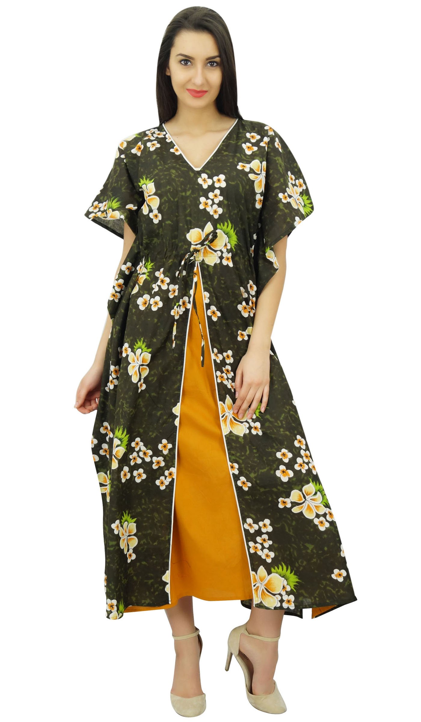 Bimba Exclusive Rayon Maxi Kaftan Chic Coverup Dress Drawstring Waist Night Wear
