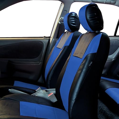 Miniatura 2 de TLH Fundas de asiento delanteras de piel sintética inspiradas en autos de carreras, compatibles con bolsas de aire, ajuste universal azul,