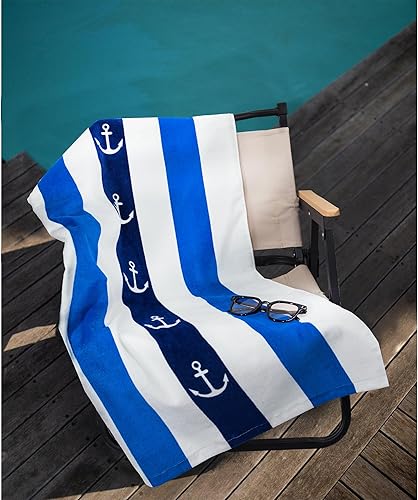 Miniatura 6 de cabanana Toalla de playa de felpa de gran tamaño, de algodón, esponjosa de 35 x 70 pulgadas, toalla de piscina a rayas de ancla, toalla de natación