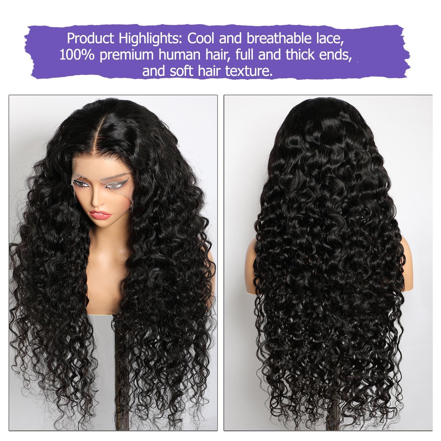 Lemoda 13x6 Water Wave Lace Front Wigs Human Hair 180% Density 24Inch Deep Wave Transparent Lace Frontal Curly Wigs Wet and Wavy Virgin Hair Natural Black - Image 3