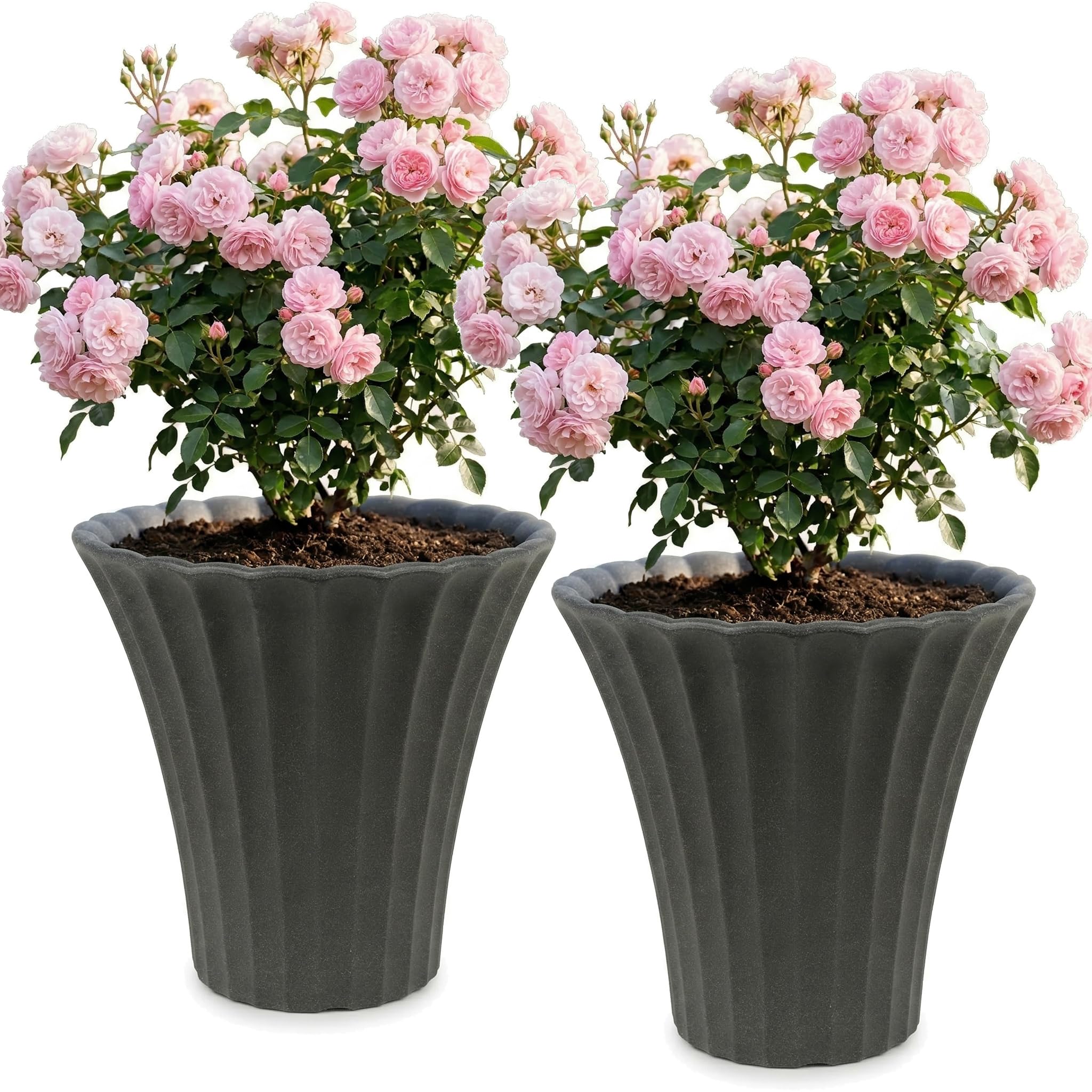 URBNLIVING Large Flower Shaped Plastic Plant and Flower Pot Planters Garden Outdoor Decor (2, Anthracite)