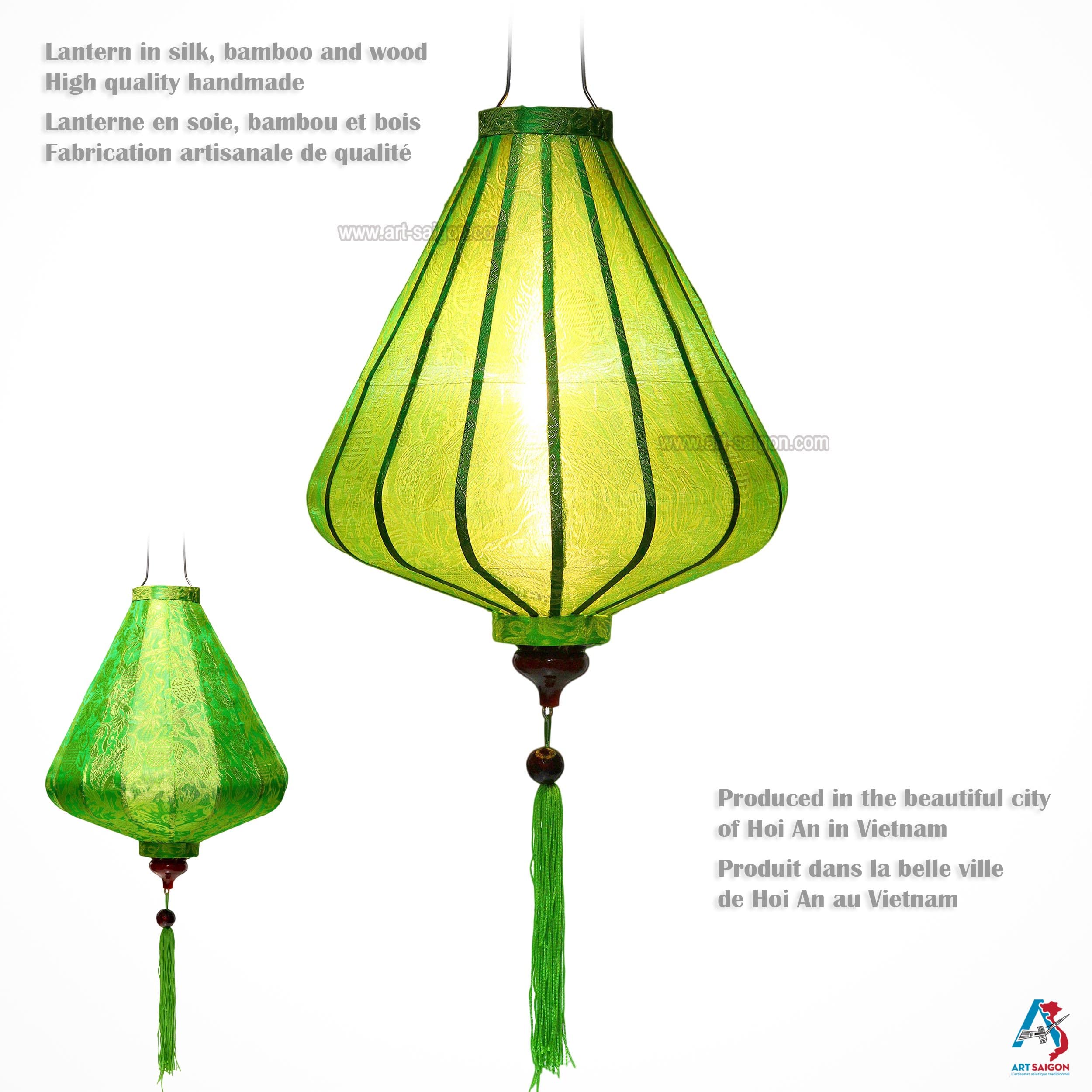 Asiatische Lampion aus Seide, Grün, A, Durchmesser 35 cm, Durchmesser des Hois-Jahres-Laterne aus Stoff, Bambus und Holz, Dekoration aus Asien und Vietnam-Handwerk (A25-V)