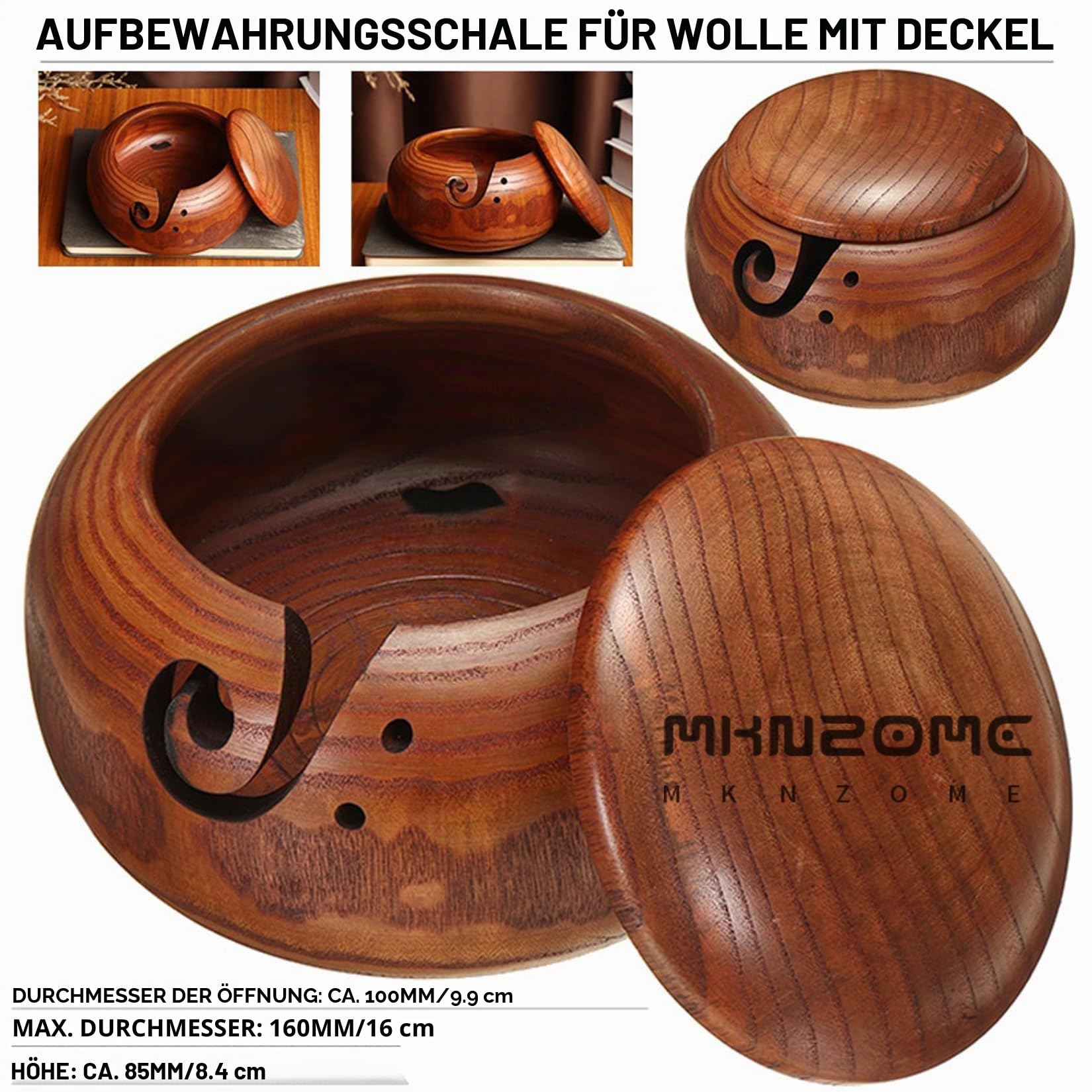 Handgefertigte Holz Garnschale, 6,3'' Garnschale aus Rosenholz mit Deckel Tragbarer Garn Schüssel Woll Stricken Schalen mit Geschnitzte Löcher und gebohrte Löcher für das Strickende Häkeln