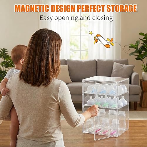 Miniatura 7 de YESGIRL Organizador de biberones transparente de 3 niveles, almacenamiento acrílico apilable transparente con cajón para encimera, estación de