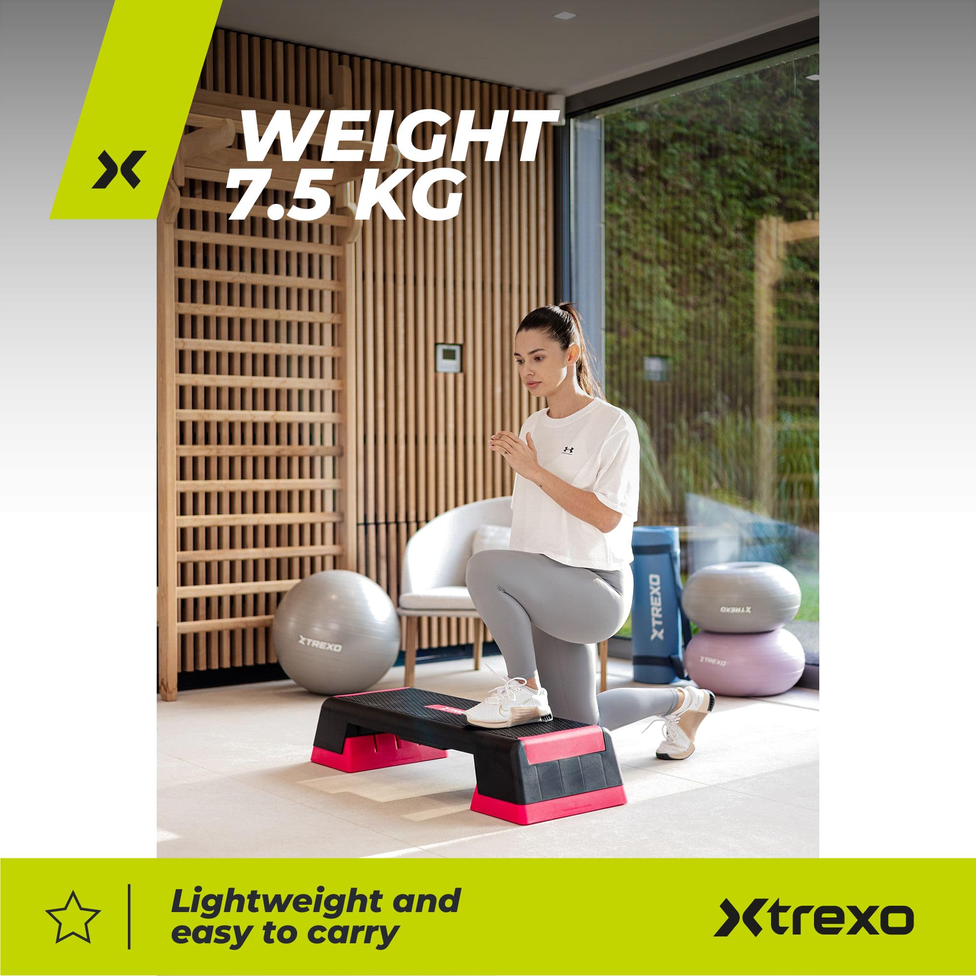 TREXO Paso aeróbico 98 x 38 cm para entrenamiento cardiovascular y fitness, altura regulable 15-20-25 cm, polipropileno duradero y TPR aeróbic step de alta calidad hasta 250 kg, color rosa