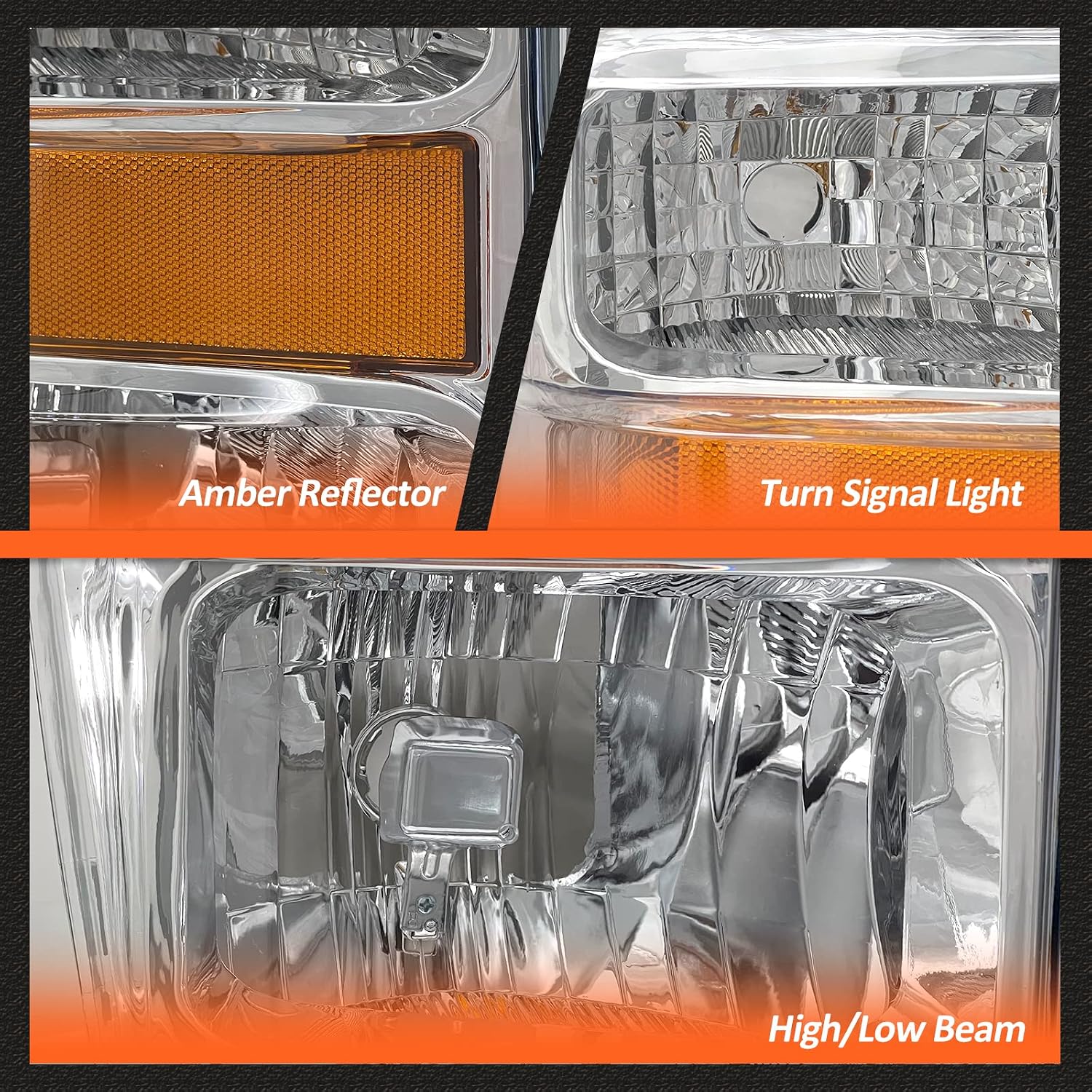 2008-2010 Ford F250 F350 F450 Headlights Assembly for 2008 2009 2010 Ford F250 F350 F450 SuperDuty Pickup Chrome Housing Amber Reflector Replacement Driver and Passenger Side