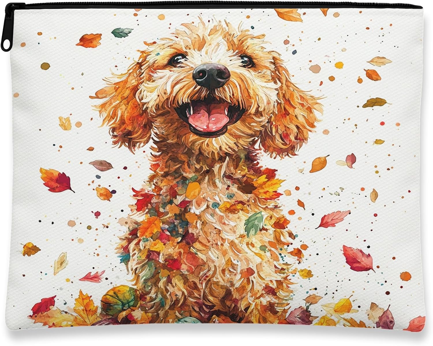 Fall Golden Doodle Dog Makeup Bag, Autumn Colorful Leaves Cosmetic Travel Pouch for Women, Gifts for Girls, Pet Portable Small Canvas Zipper Organizer 7x9 Inch
