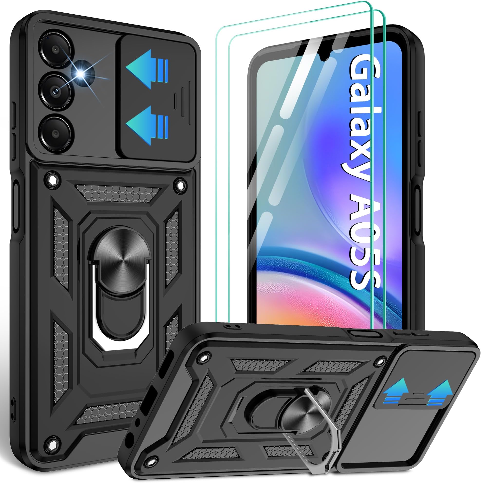 Gritup for Samsung Galaxy A05s-4G Case with Screen Protector[2 Pcs] with Slide Camera Cover, 360°Rotation Ring Kickstand丨 [Military Grade] Heavy Duty Shockproof Protection,Black