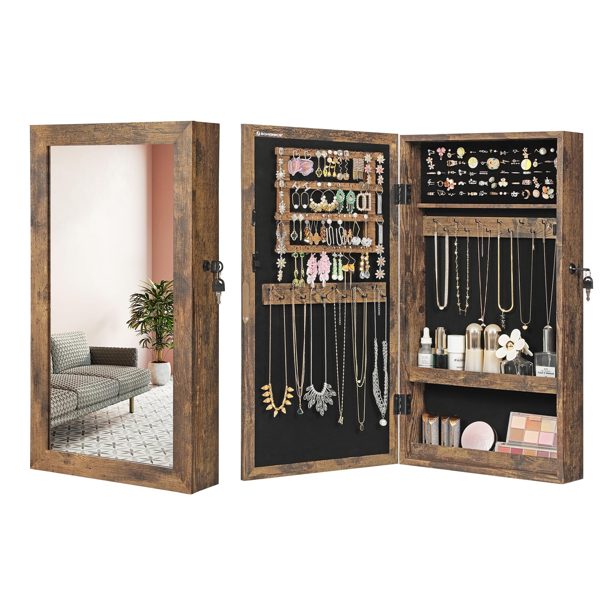 SONGMICS Wall-Mounted Jewellery Cabinet, Mirror with Storage, Lockable Mirrored Cabinet, Jewellery Organiser with Mirror, Space-Saving, Rustic Brown Surface, Black Lining JJC051K01