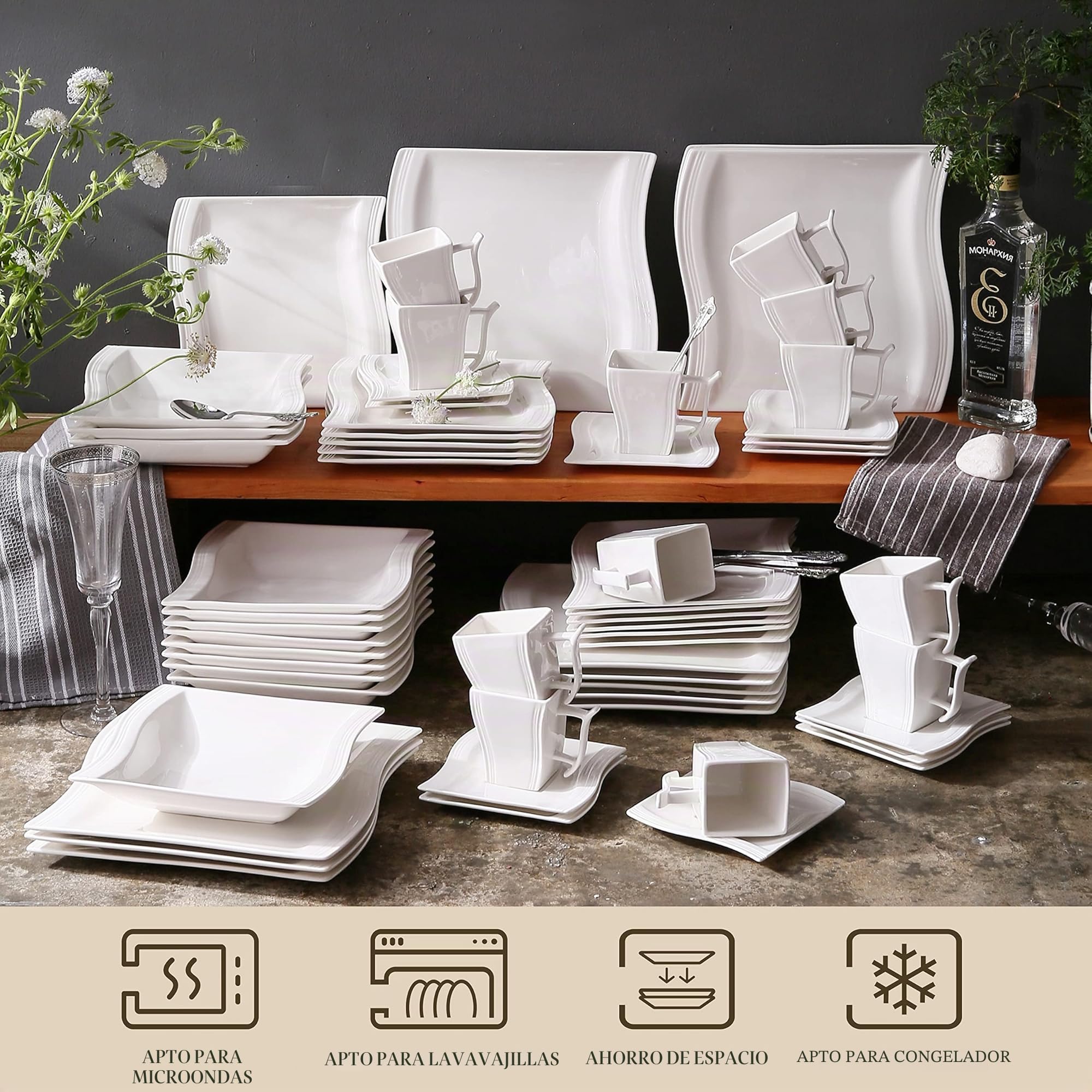 MALACASA Vajilla de Porcelana de 60 Piezas para 12 Personas, con 12 Tazas, 12 Platillos, 12 Platos Llanos, 12 Platos de Postre y 12 Platos Hondos, Serie FLORA