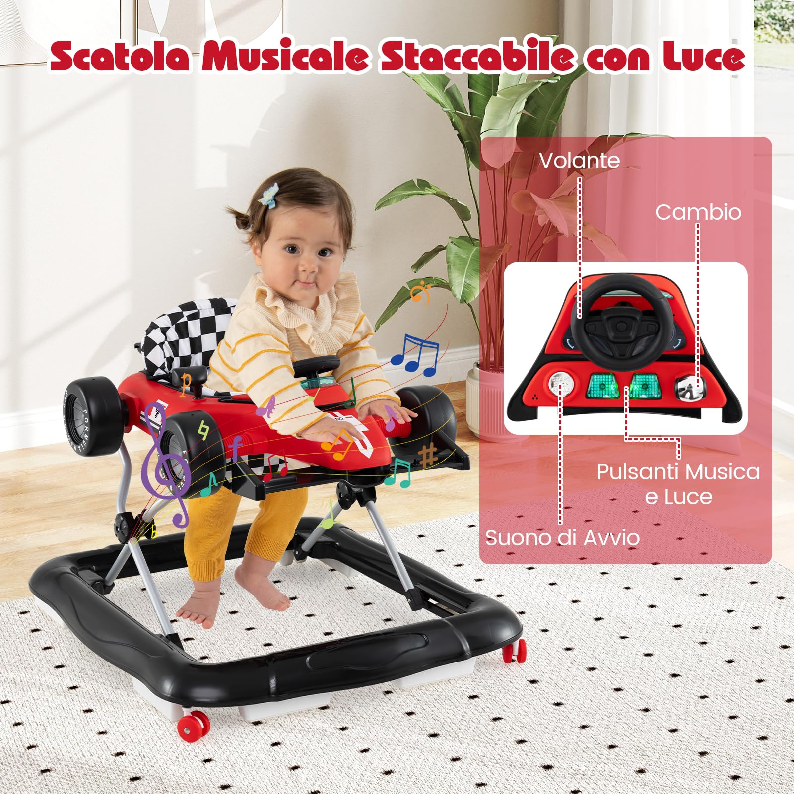GYMAX 4 in 1 Girello a Spinta Neonato 6 a 12 Mesi, Carico 12kg, Pieghevole con Luci e Suoni, Altezza Regolabili, Carillon Rimovibile, Carrllo Primi Passi per Bambini, 73 x 63 x 51/53/55 cm
