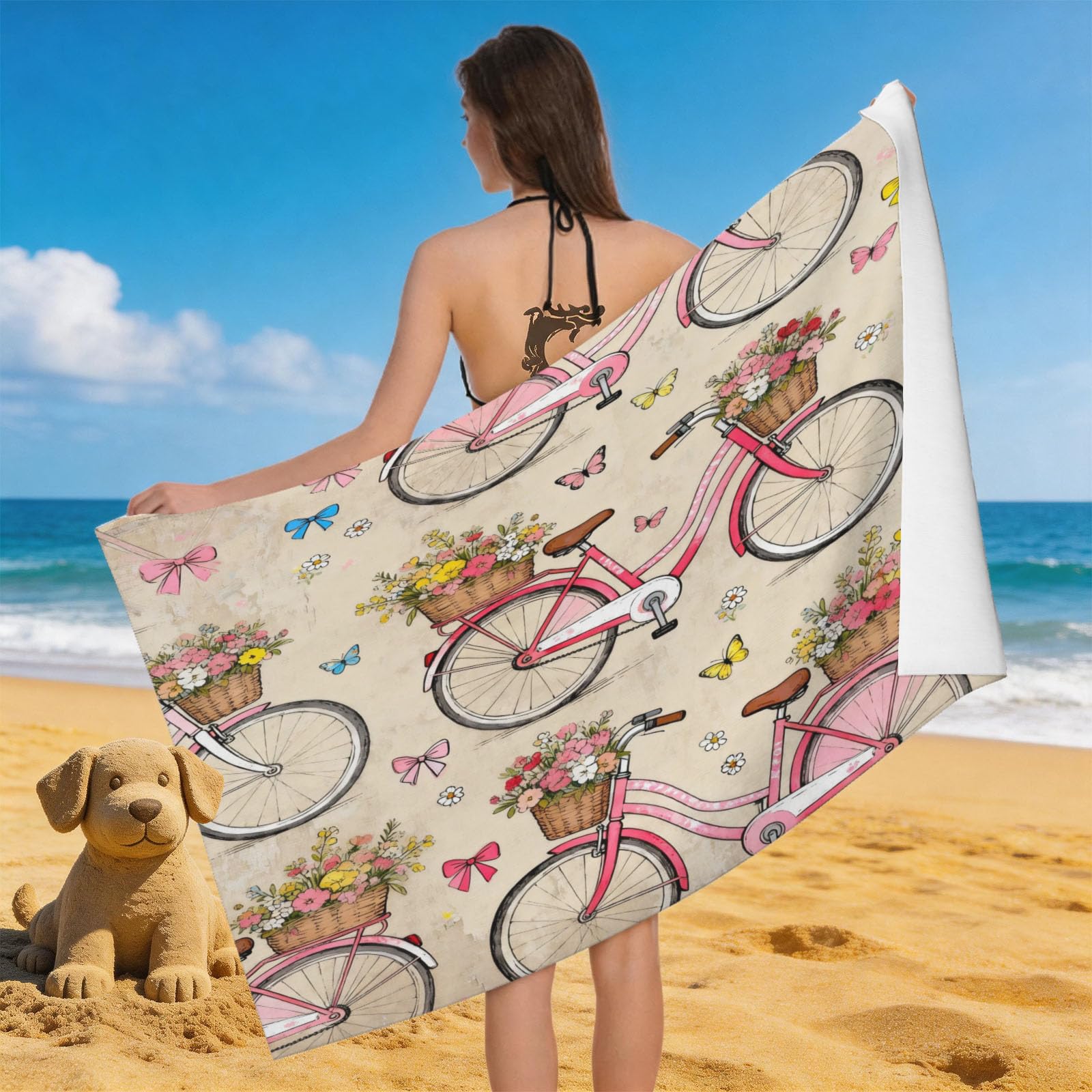 Leichong 3D Bicycles Beach Towel Large Microfiber Soft Quick Dry for Adults, Romantic Bath Towel Lightweight Soft Absorbent for Travel Swimming Pool Sports, 80 x 160 cm