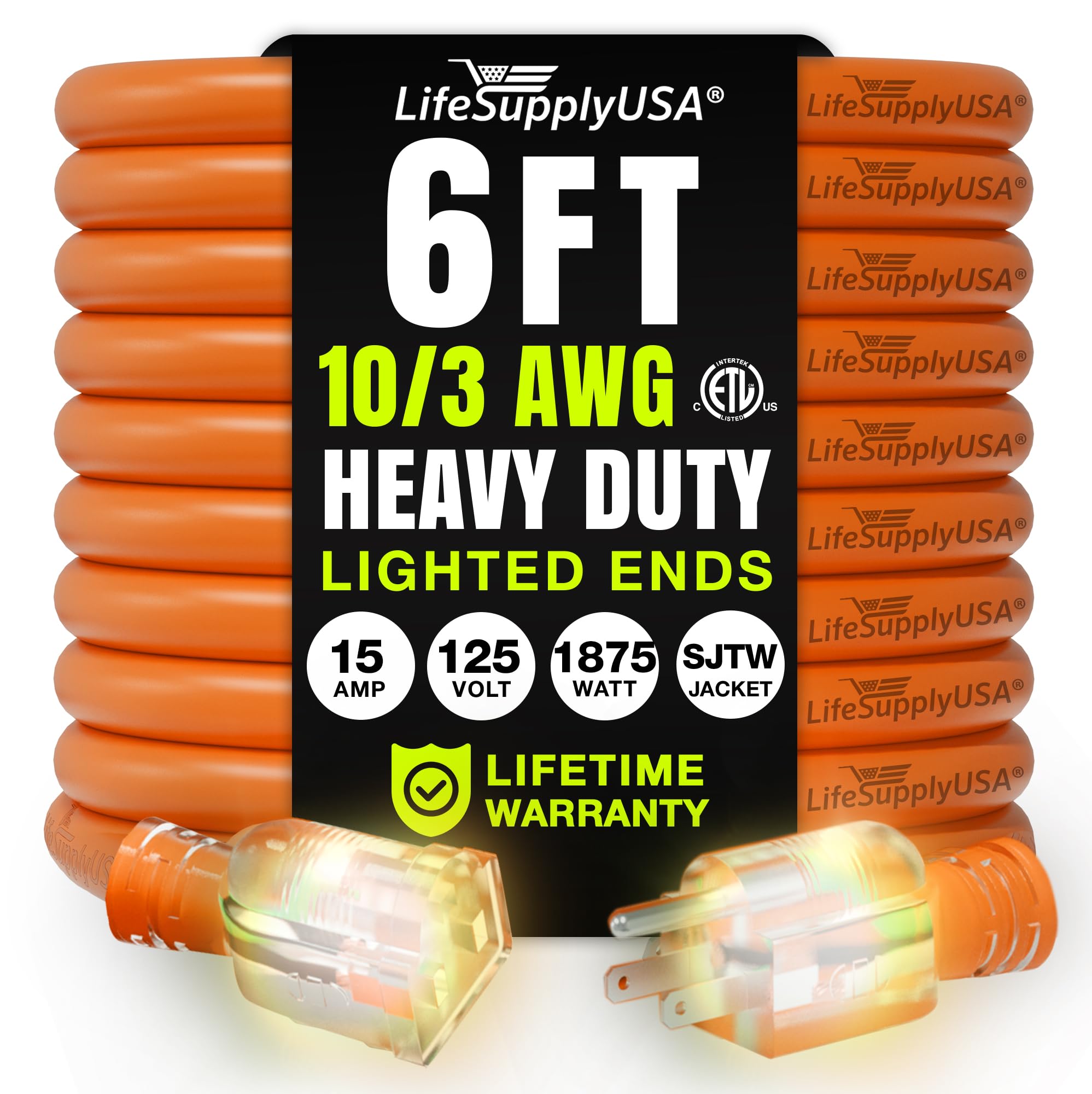 6ft Outdoor/Indoor Extension Cord 10/3 Gauge Ultra Heavy Duty 3 Prong SJTW, Waterproof, ETL Listed, Flexible Cold-Resistant Long Power Cord,15A 125V