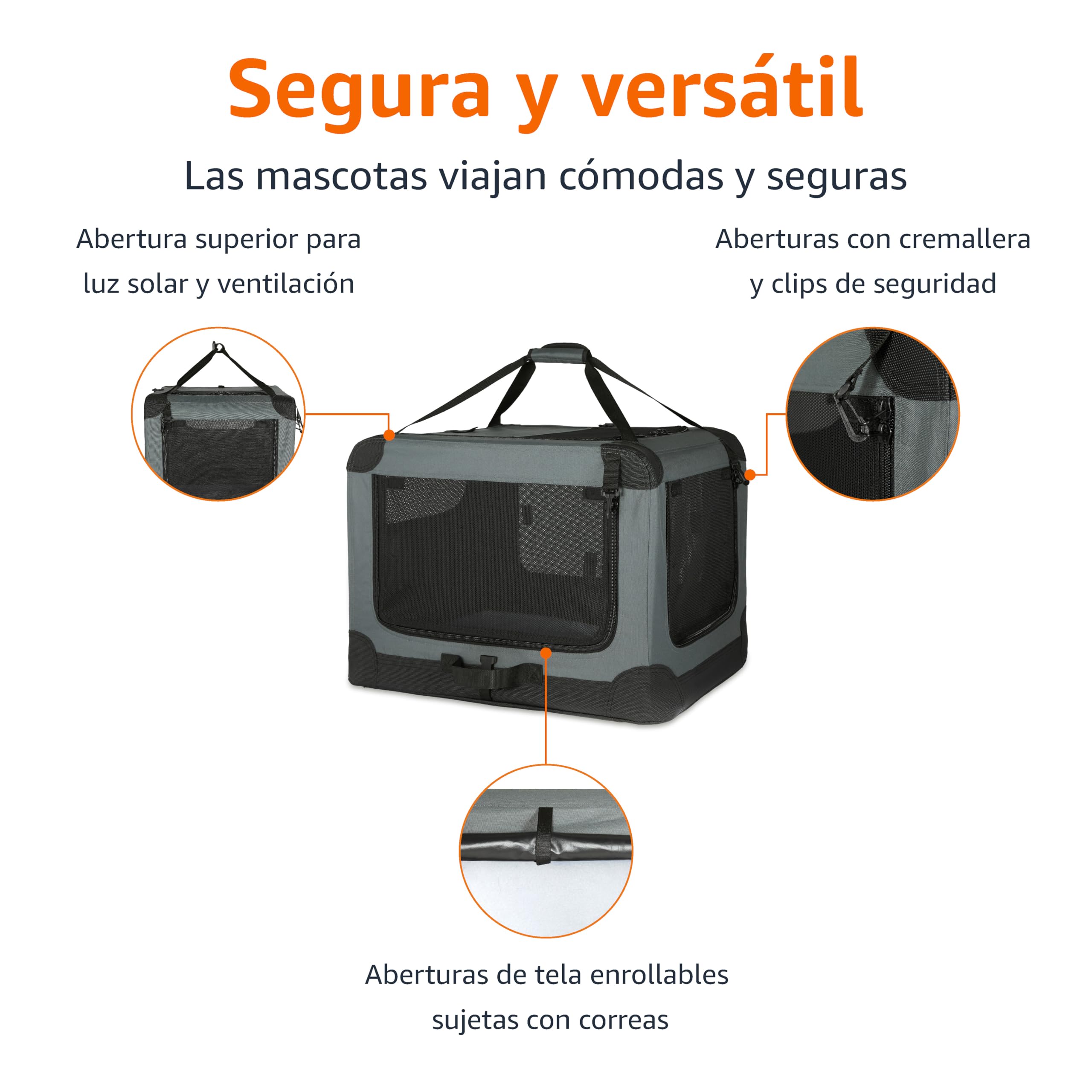 Amazon Basics Transportín portátil plegable de 4 puertas para perros y gatos, Gris, M 76 cm x 54 cm x 54 cm