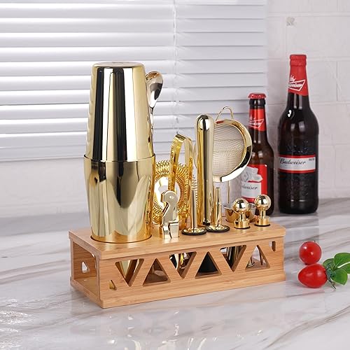 Miniatura 7 de Juego de coctelera con soporte de bambú, juego de barra de 13 piezas de acero inoxidable para barman profesional y hogar (dorado)