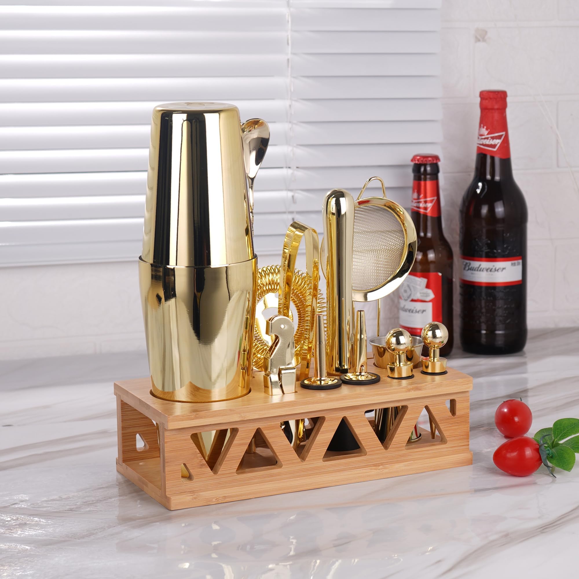 Kit de barman con soporte giratorio de bambú, juego de coctelera de 11 piezas de acero inoxidable con folleto de recetas (dorado)
