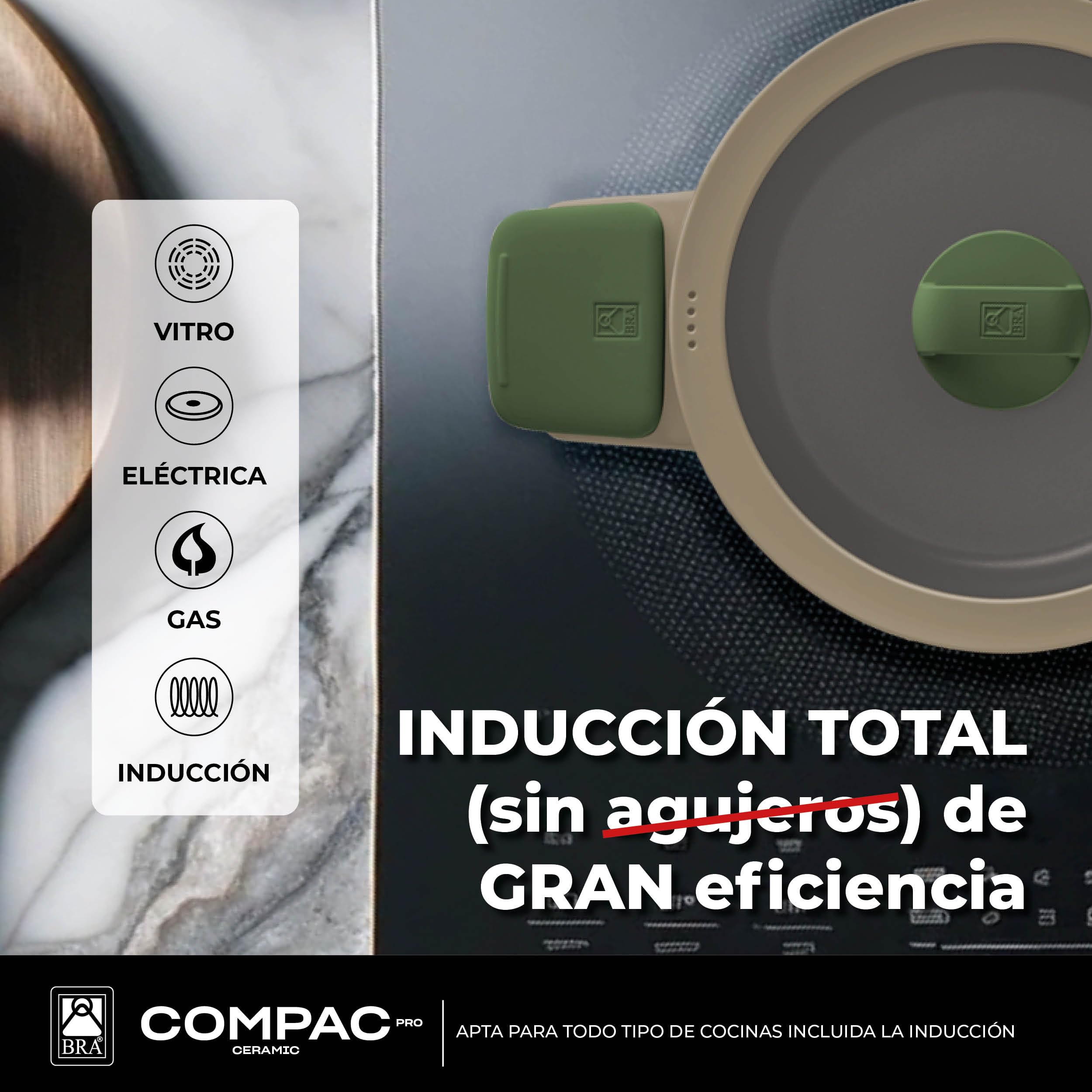 BRA Compac Pro Ceramic | Batería de cocina apilable de 5 piezas, aluminio fundido con antiadherente cerámico, compatible con todo tipo de cocinas, incluida inducción