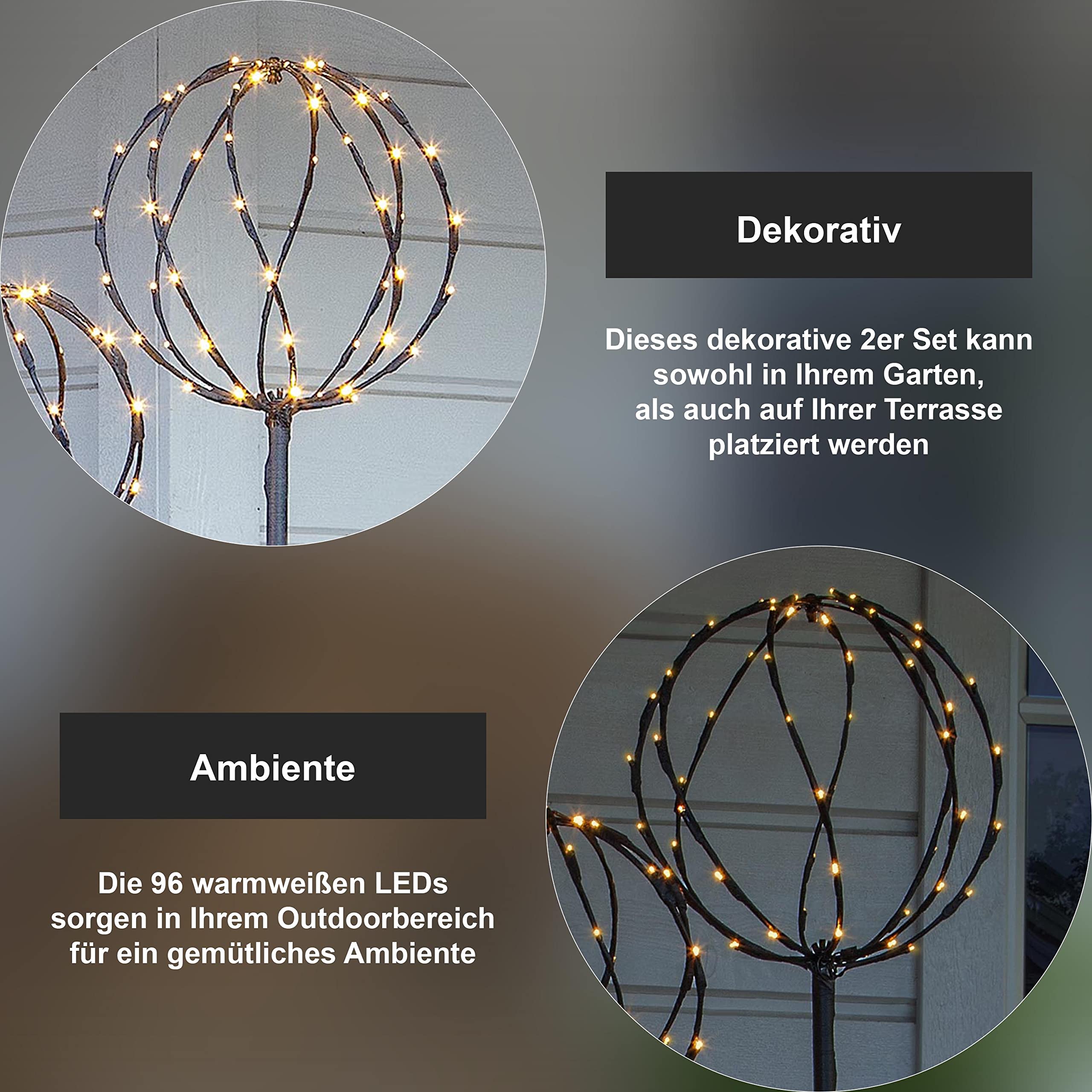 Star Trading Sphere Kugelleuchten Set Garten, 2er LED Außenleuchten mit Erdspieß, IP44, Warmweiß, 130 cm & 110 cm, 5 m Kabel, Metallgeflecht