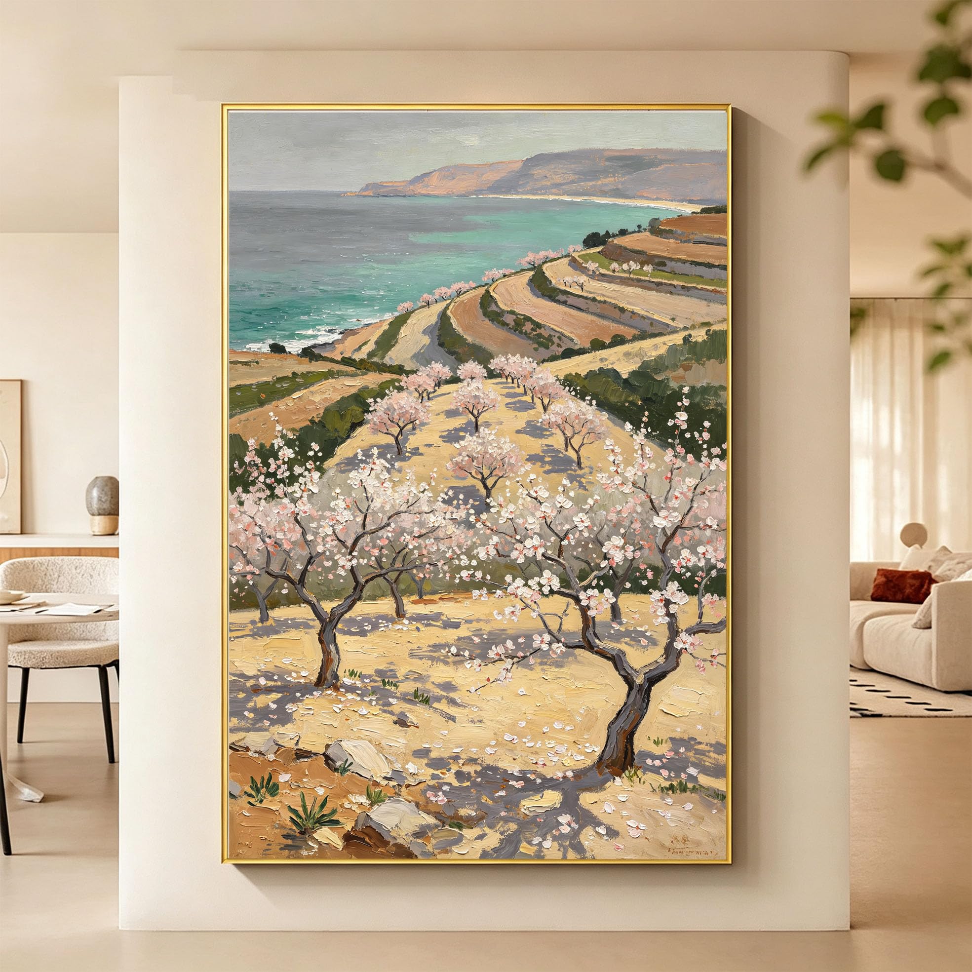 Wandbild Küstenlandschaft Ölgemälde 100% Handgemaltes Ölgemälde Pfirsichblütenwald Rahmenlose Leinwand Wandkunst Für Wohnzimmer Heimdekorationen 50X70Cm (20X28Inch)