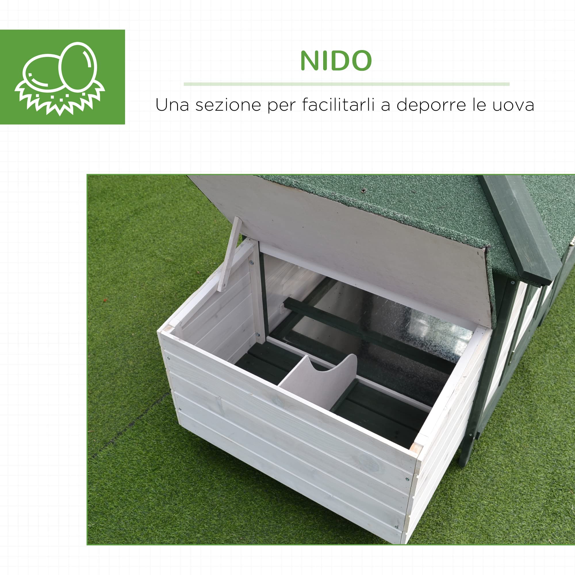 PawHut Pollaio in Legno con 1 Nido, Pollaio per Galline da Esterno con Tetto Impermeabile, Vassoio Estraibile e Porta, Casetta per 1-2 Galline, Anatra, Giardino, 196x76x97 cm, Bianco e Verde