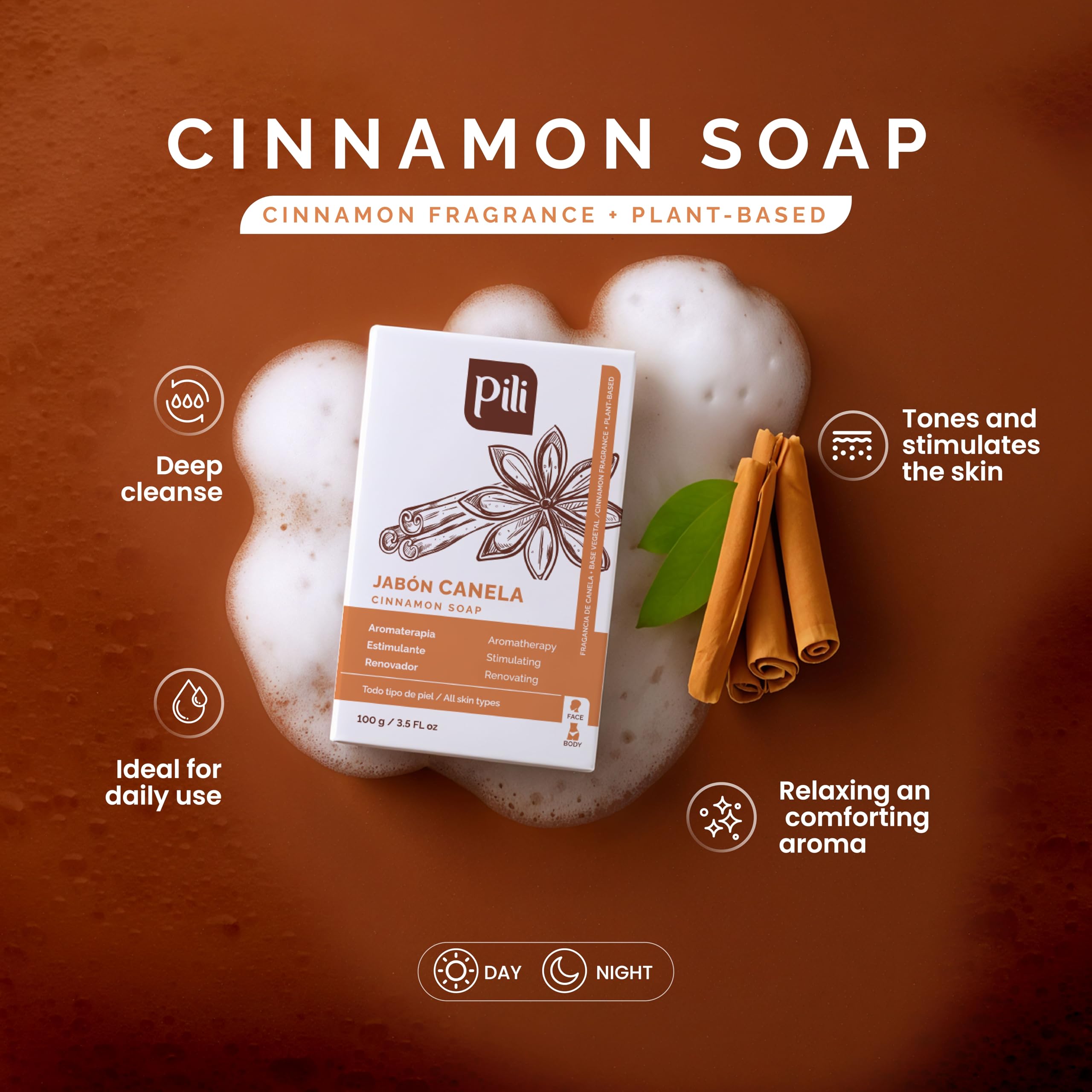 Pili Barras de jabón de canela natural (paquete de 3). Barras de jabón facial y corporal para mujeres, hombres, adolescentes y todo tipo de piel. Jabón de Canela. 3.5 oz cada una. 4