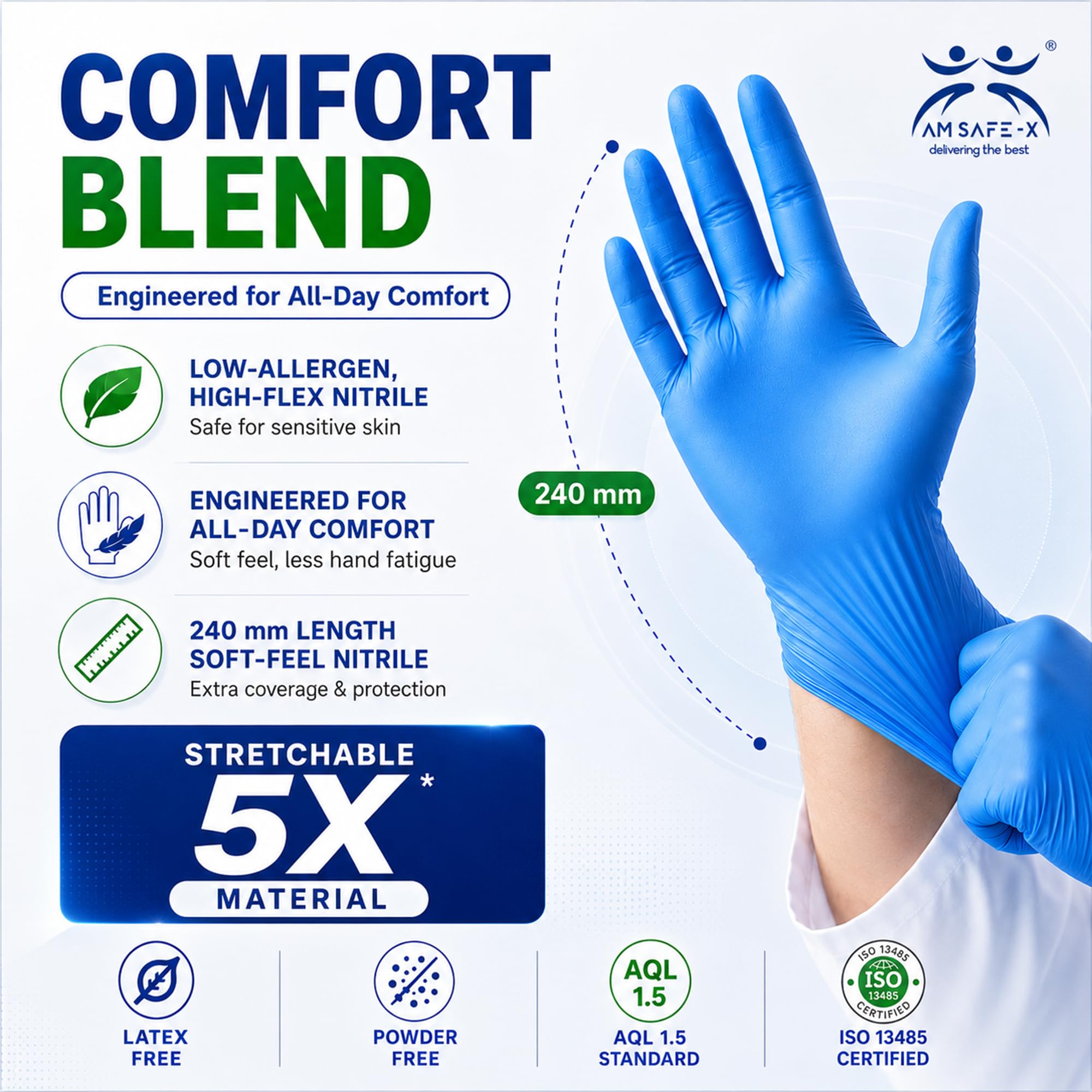 AM Safe X Powder Free Blue Nitrile Gloves for Hands 100pcs | Food Grade Heavy Duty Disposable Multipurpose Gloves | Single Use |Cleaning, Kitchen, Tattoo, Salon, Automotive & Examination Gloves Medium 1