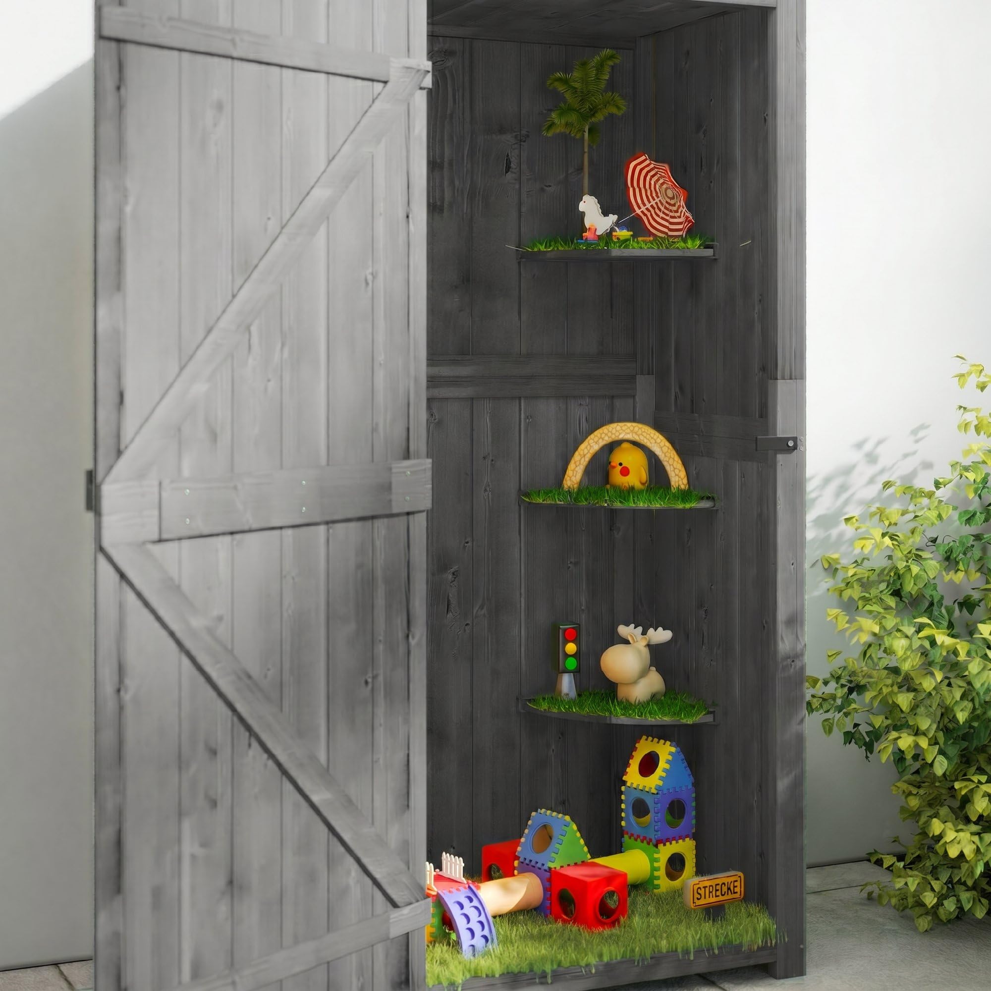 Outsunny Gartenschrank Holz, Geräteschuppen wetterfest 77x54,2x179cm, Gerätehaus mit Tür, Satteldach, Geräteschrank mit Böden, Werkzeugschrank Gartenschuppen für Garten, Terrasse, Grau+Grün