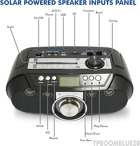 Miniatura 10 de Technical Pro BOOMBLUE2R Altavoz portátil recargable Bluetooth alimentado por energía solar con entradas USB/SD, rango Bluetooth de 30 pies, diseño