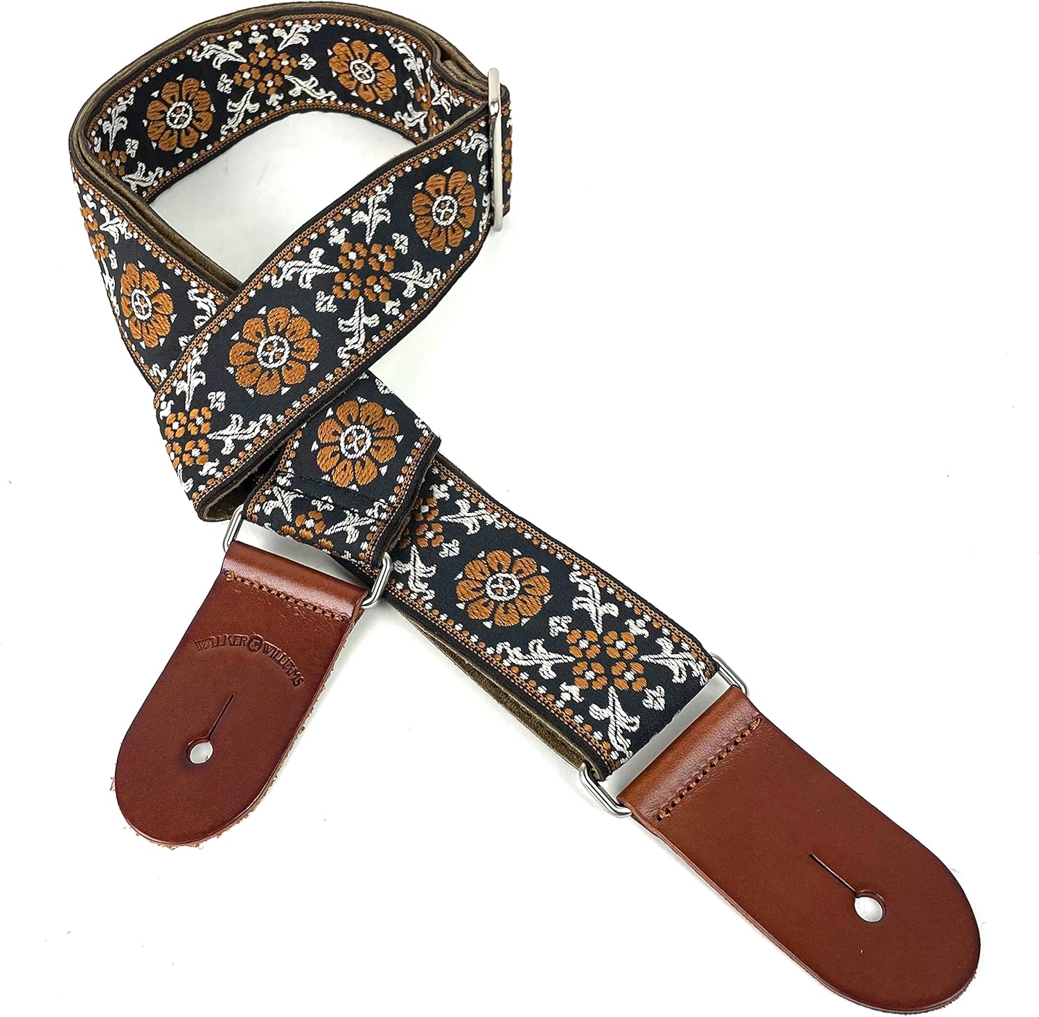 Walker And Williams H-42 Vintage Series Plush Back Cream Mandala Woven Guitar Strap With Thick Chestnut Leather Ends For Acoustic, Electric, And Bass Guitars