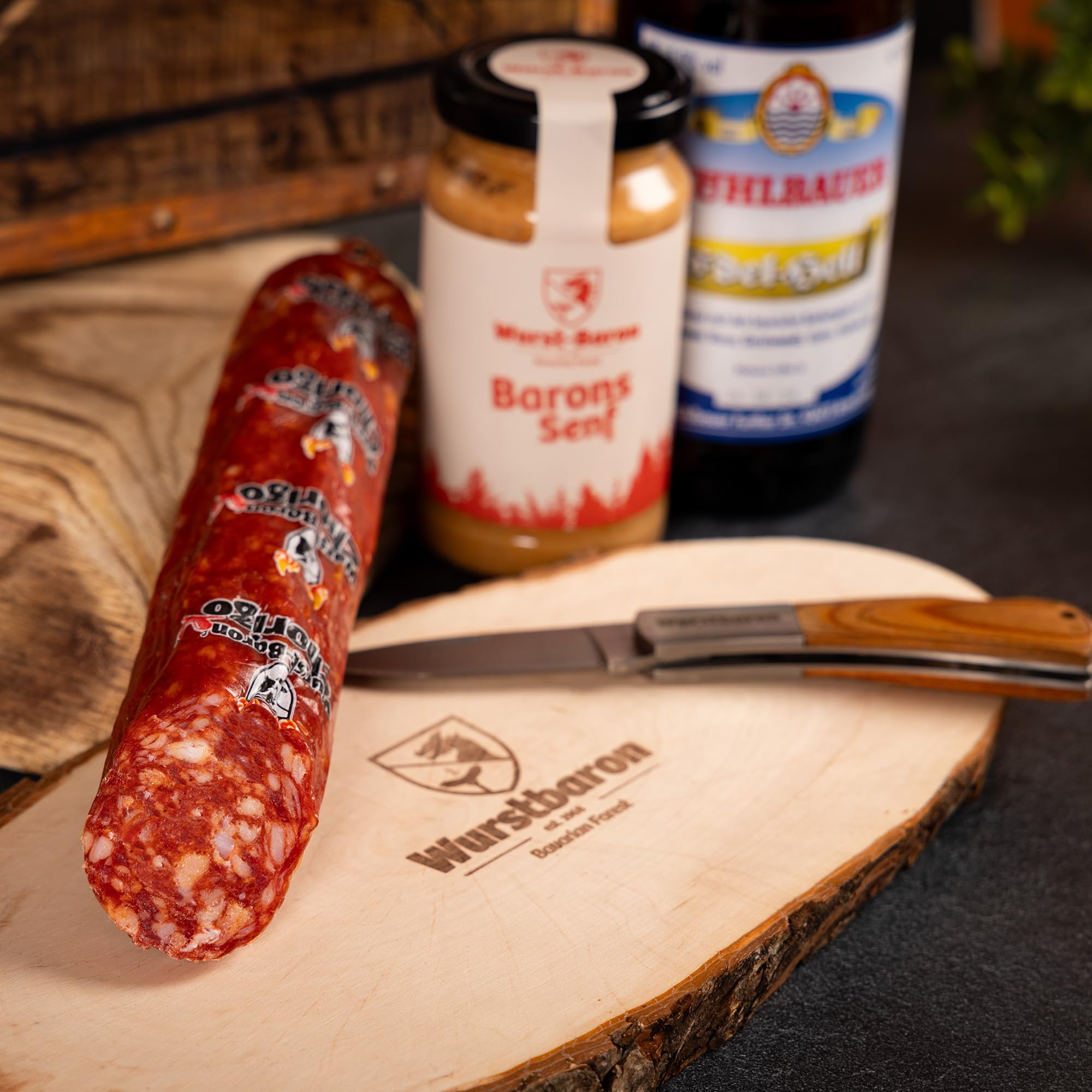 WURSTBARON® Feierabend Set ideales Paket für den Feierabend Wurstpaket aus Salami Snacks, Bayerischen Bier, Kabeltrommel und Taschenmesser
