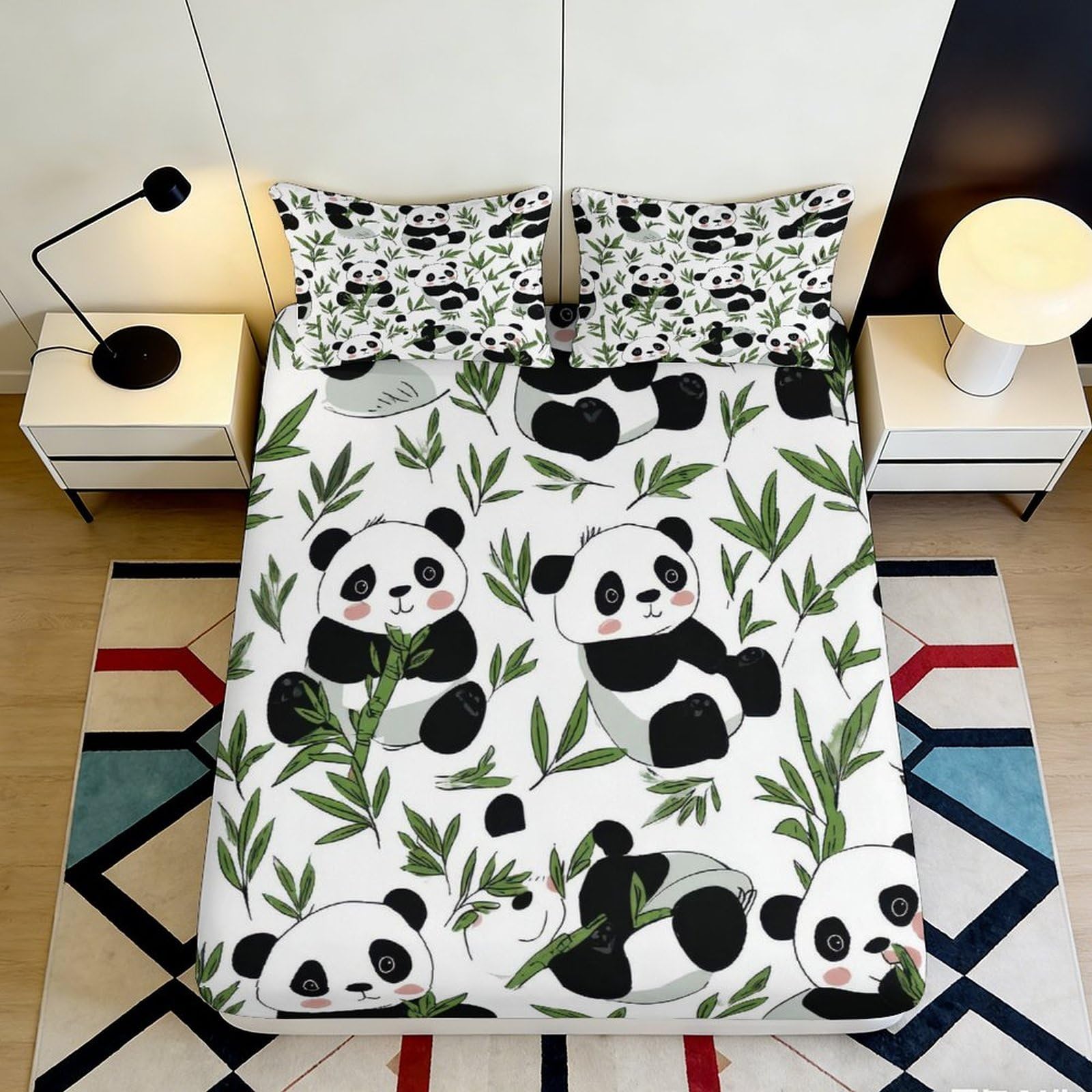 3D Printed Cute Panda Fitted Sheet Microfiber Soft Breathable Bamboo Leaves Mattress Cover for Bedroom Dorm Decor 160x200x25cm