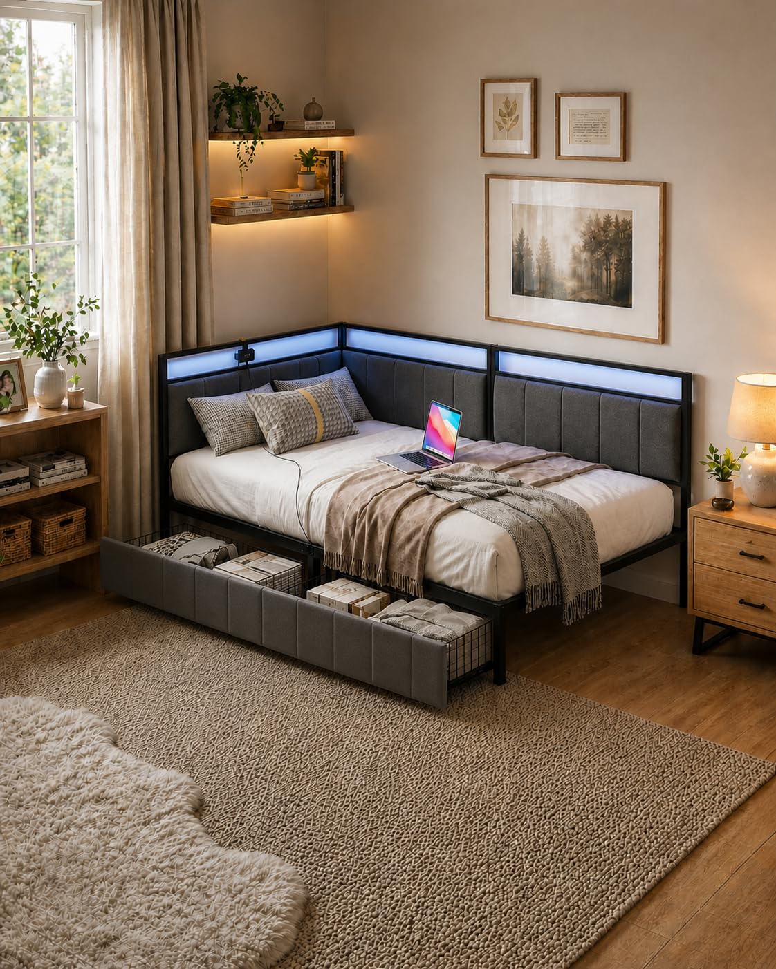 Łóżko młodzieżowe 90 x 200 cm, sofa do spania ze schowkiem, łóżko tapicerowane z tapicerowanym zagłówkiem, metalowa rama łóżka, czarno-jasnoszary, aksamit