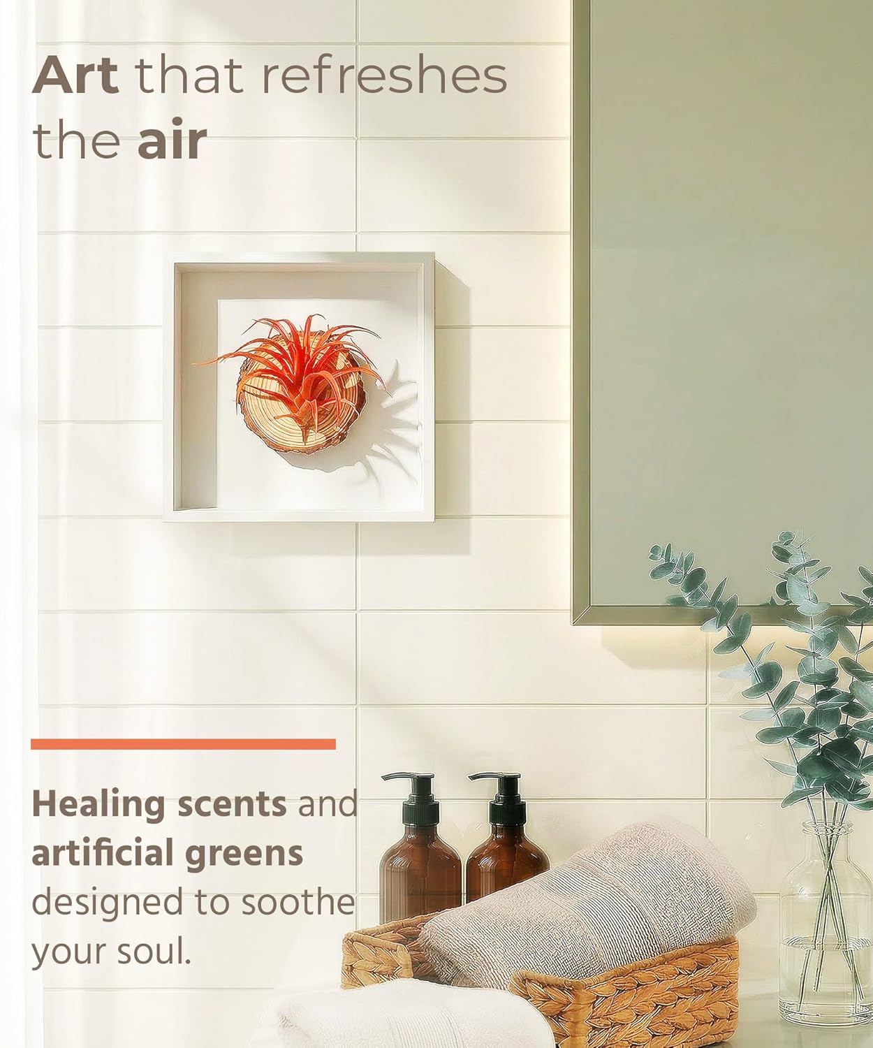arscent Bathroom Wall Art, 3D Framed Botanical Wall Decor with Artificial Air Plant & Pre-scented Stone, Fake Succulent Wall Hanging for Small Space, Entryway, Bedroom Forest Pause, Red Tillandsia Ionantha