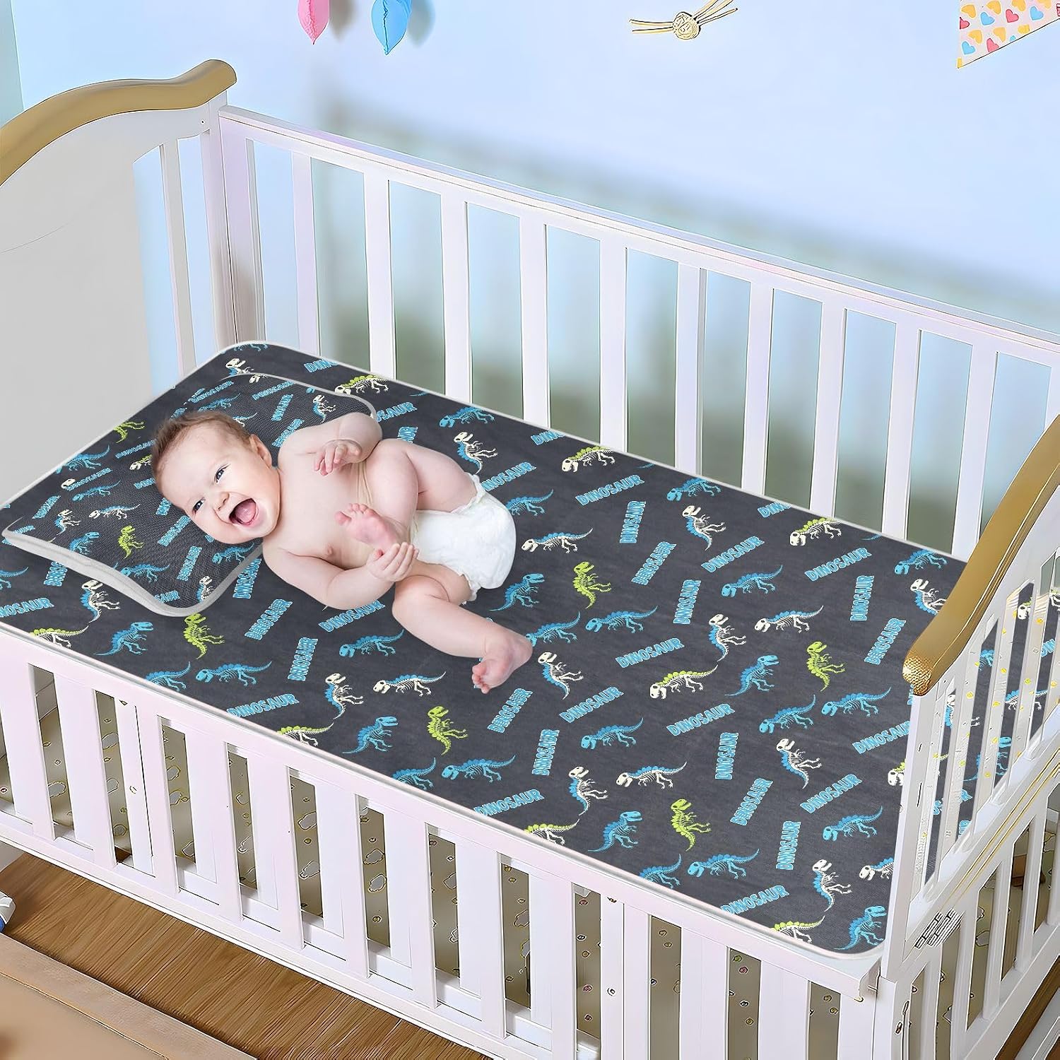 Baby Cooling Mat Skeleton Dinosaurs Ice Silk Breathable Mesh Summer Crib Mattress Pad with Pillowcase, Soft Cooling Sleeping Surface for Infant & Toddler, 52"x28"