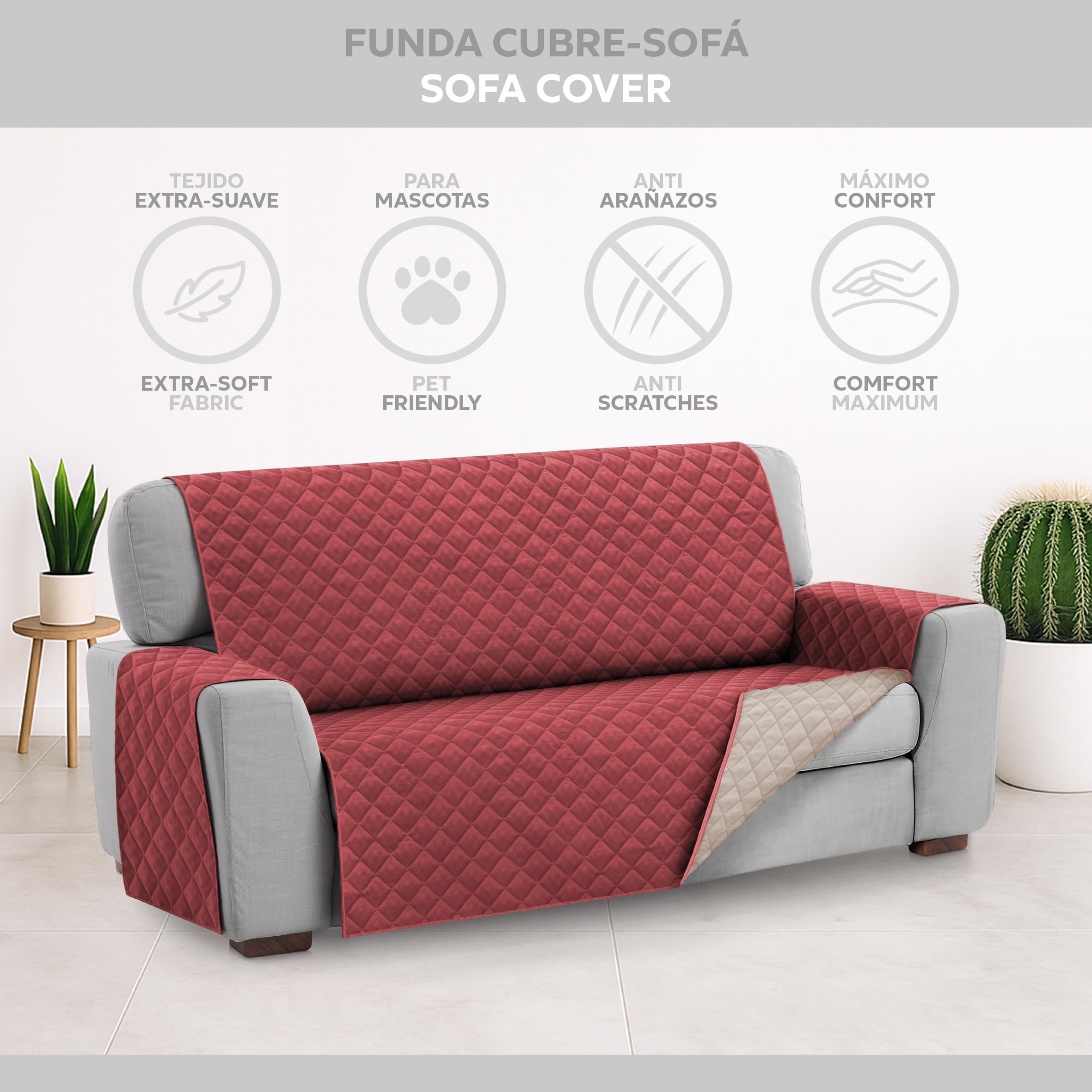 Textilhome Copridivano Malu 3 Posti (160cm) – Salvadivano Trapuntato Reversibile Universale, Protezione Antigraffio, Fodera Imbottita per Divano, Colore Rosso