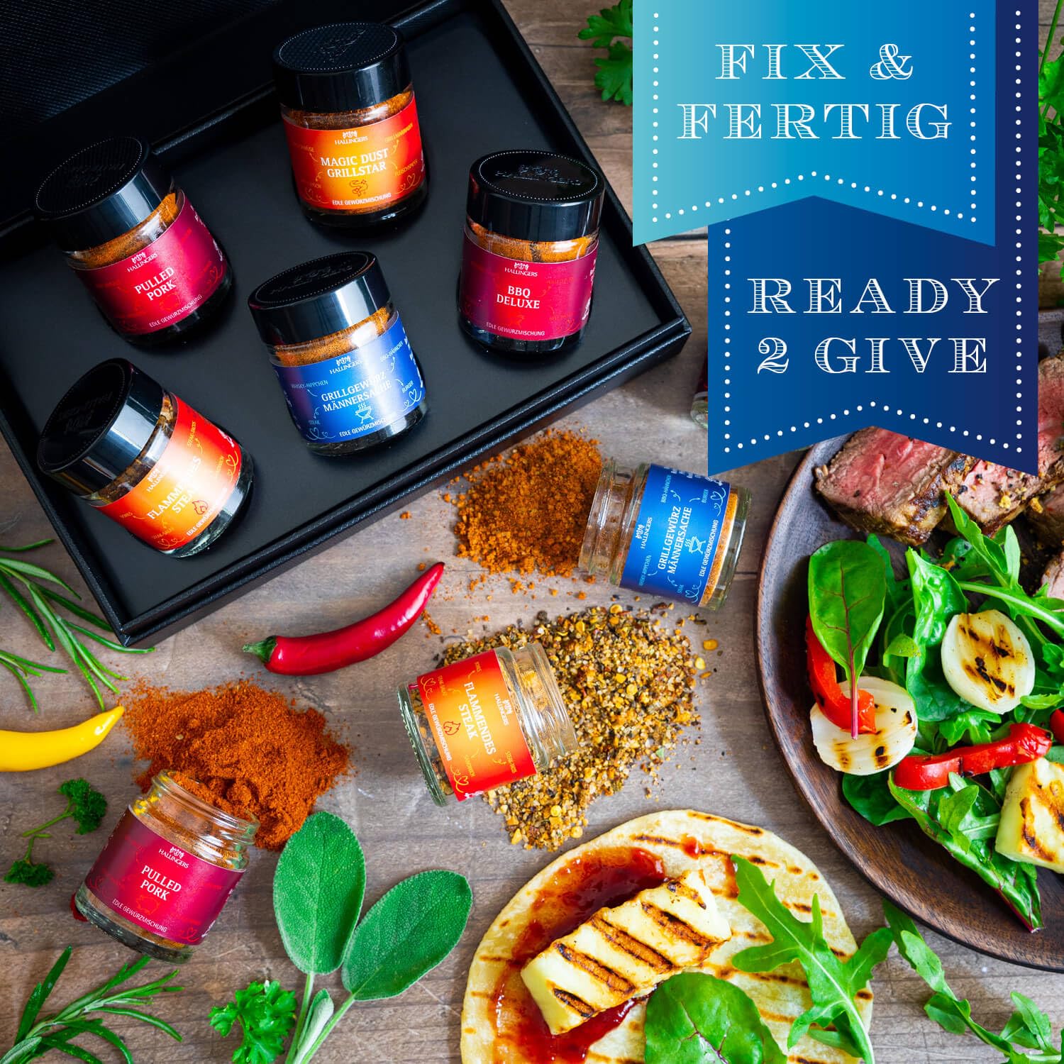 Hallingers Genuss Manufaktur Gewürz Geschenk-Set - 5 Gewürze aus aller Welt in wertiger Geschenkbox mit Rezept-Booklet "Echte Kerle", Geschenkidee für Männer Freund