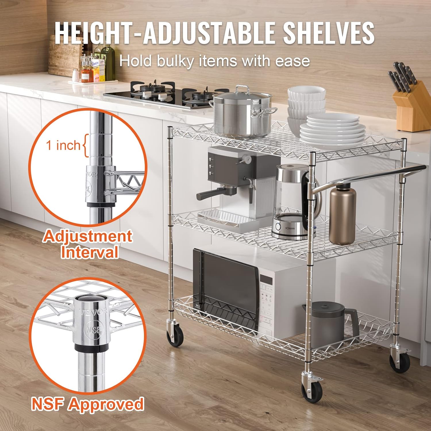 VEVOR Kitchen Utility Cart, 3 Tiers, Wire Rolling Table with 661 LBS Capacity, Steel Service Desk on Wheels, Metal Storage Trolley with 80 mm Deep Basket Curved Handle 6 Hooks