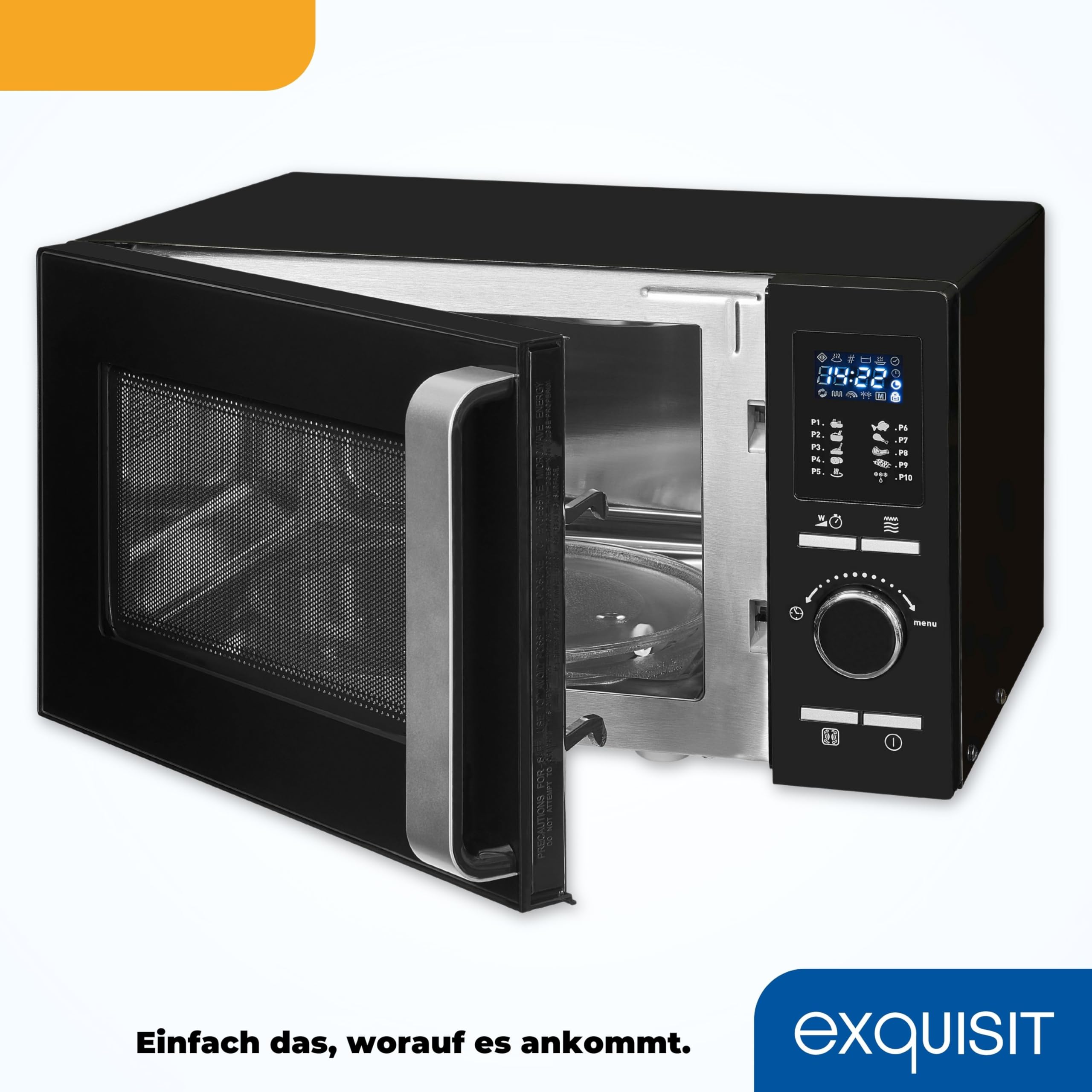 Exquisit Mikrowelle mit Grill und Heißluft - 25 Liter, 900 W | 27 cm Drehteller, 11 Leistungsstufen, 10 Automatikprogramme, Kindersicherung, elegantes Schwarz-Design