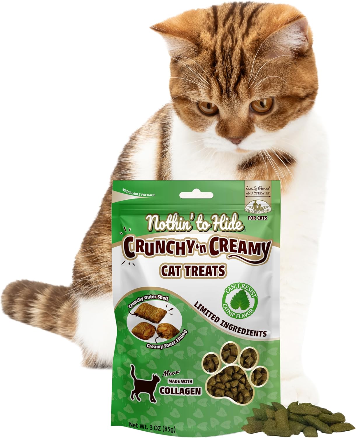 Fieldcrest Farms Nothin’ to Hide Collagen Cat Treats – Crunchy & Creamy Cat Snacks, High-Protein Healthy Treats for Skin, Coat & Joint Support, Catnip Flavor, 3 oz. Bag