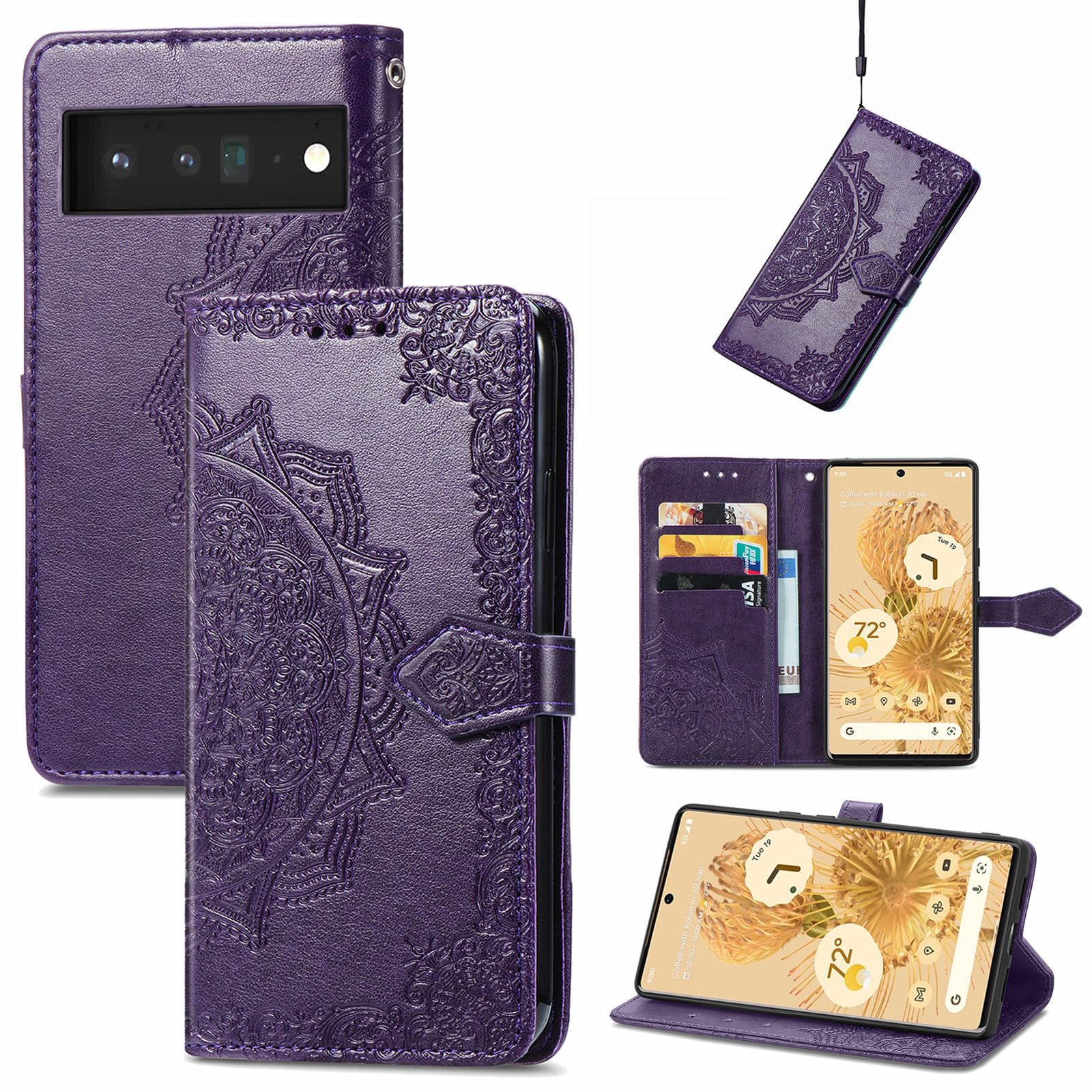 Étui Google Pixel 9A violet avec rabat magnétique et portefeuille