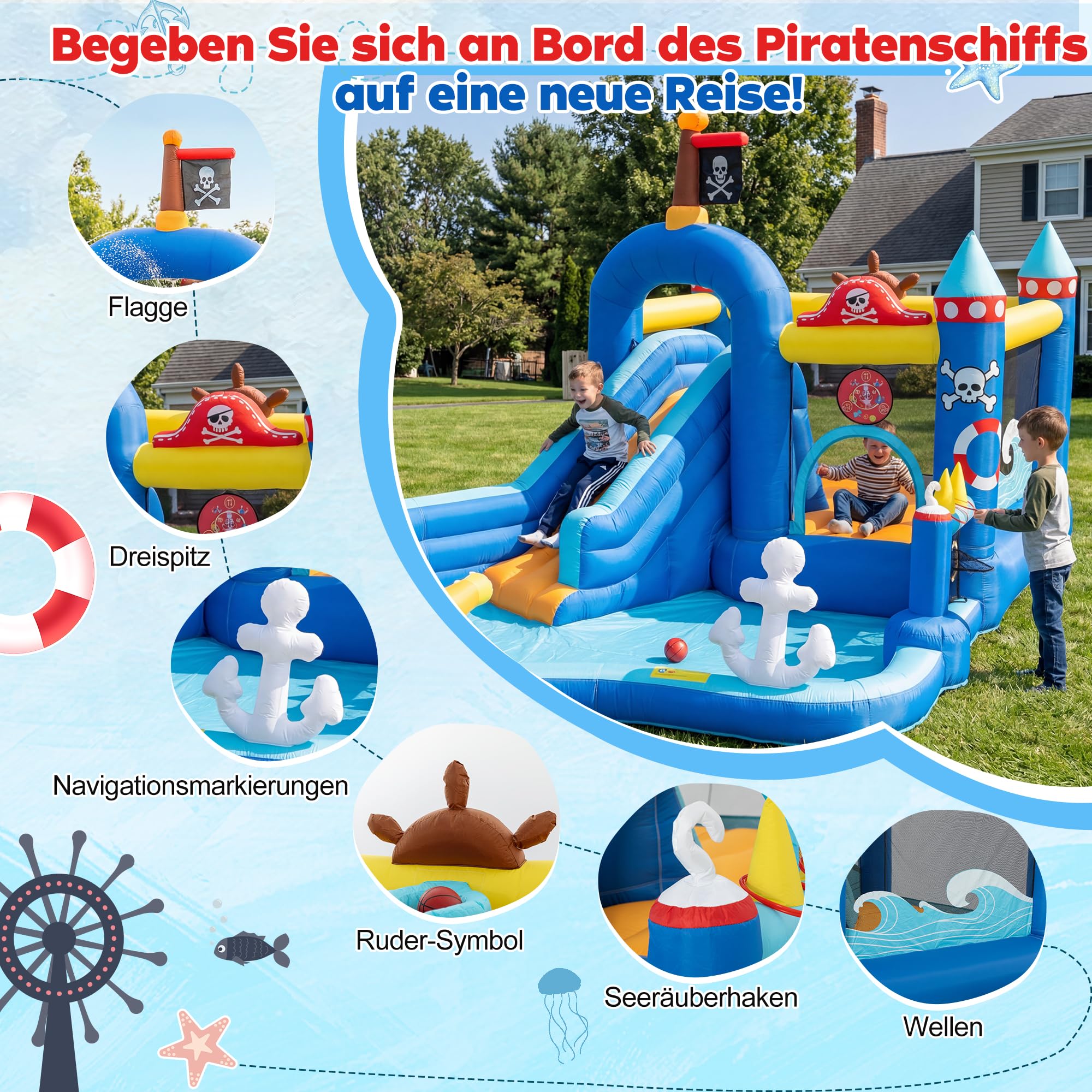 UEV Aufblasbare Hüpfburg XXL Indoor & Outdoor mit Gebläse 450W, EN71-1/2/3 | extra breiter Wasserrutsche, für Kleinkinder (3-8Jahre), Kindergeburtstag, 444x348x260 cm