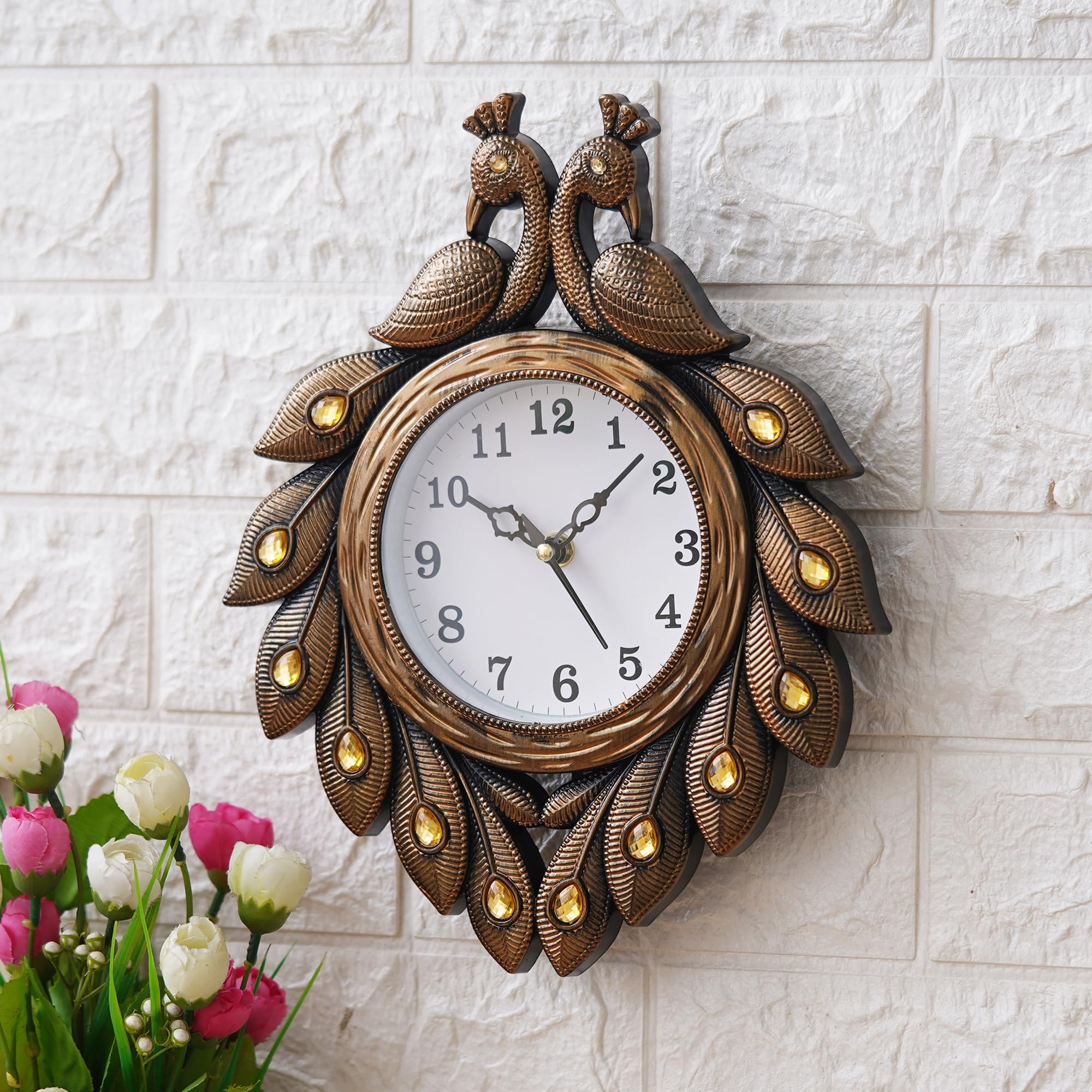 Decorative Wall Clock with Peacock Design, Bronze Finish, LED Lights, 12 x 9.5 inches-image-36