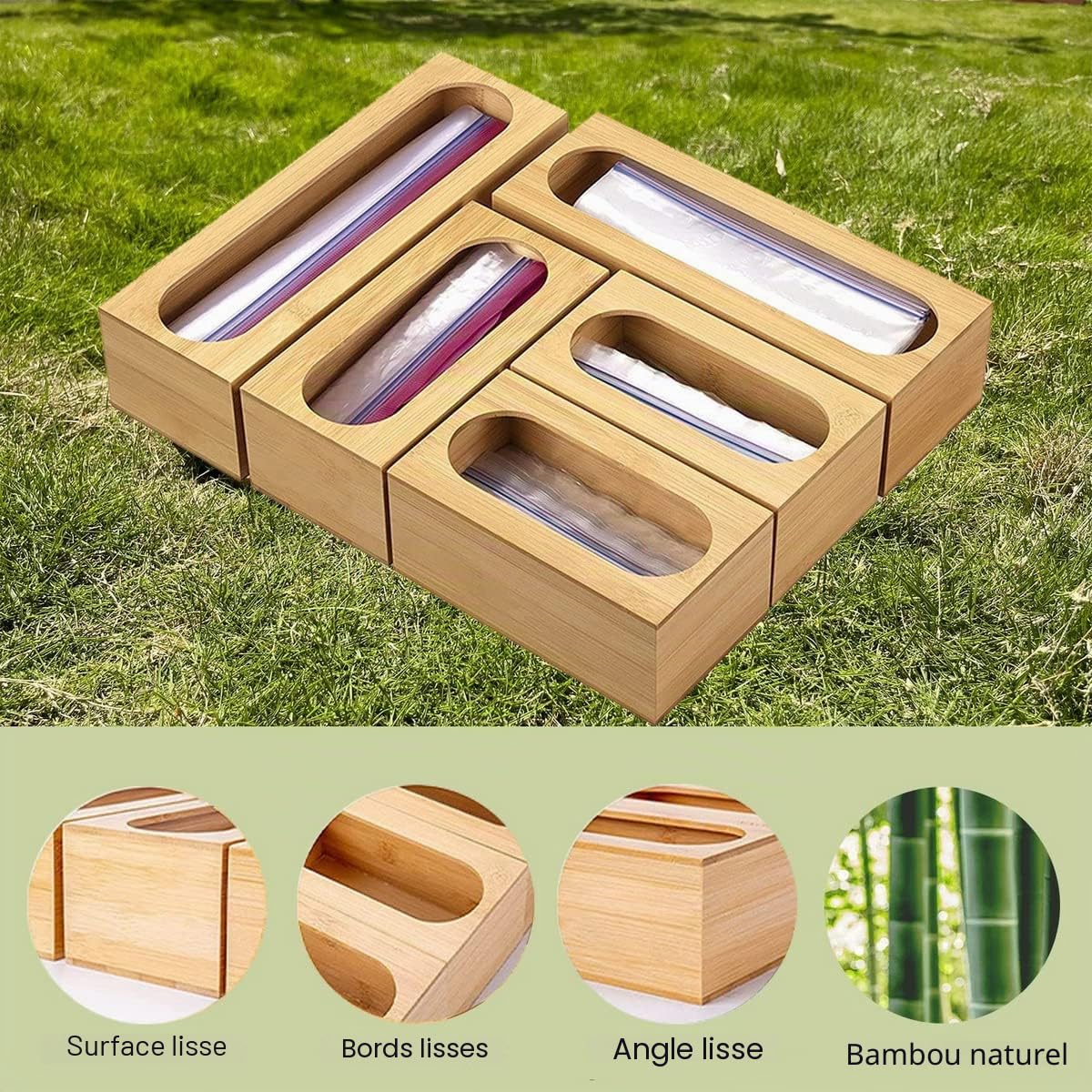 Generic - Organisateur de tiroir en bambou rustique - Contenant de stockage alimentaire - Sacs de différentes tailles - Compatible avec la plupart des marques