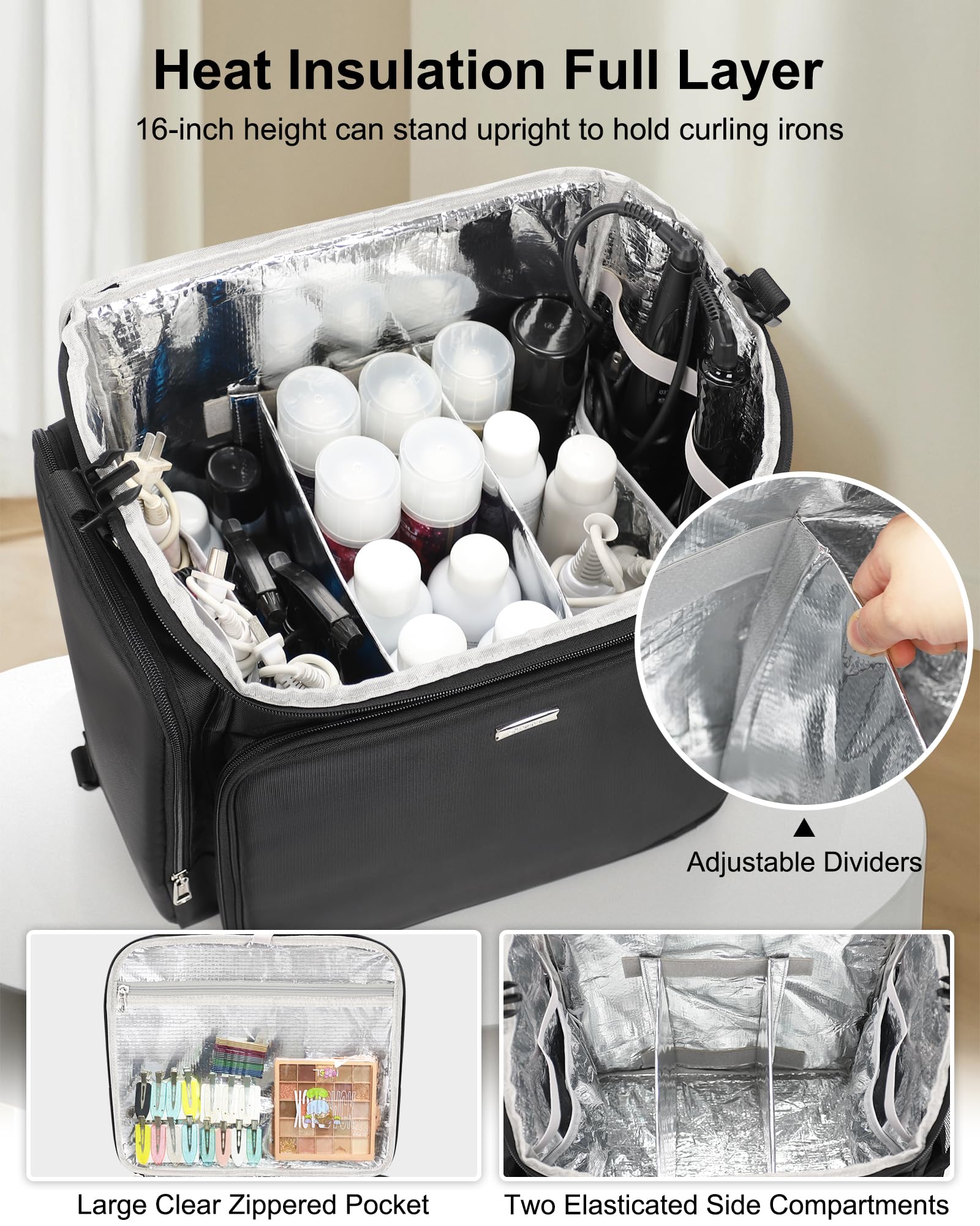 Relavel Maletín de maquillaje con ruedas para el pelo, bolsa de viaje con 2 compartimentos transparentes, bolsa de peluquería profesional para artista de maquillaje, organizador de peluquería con