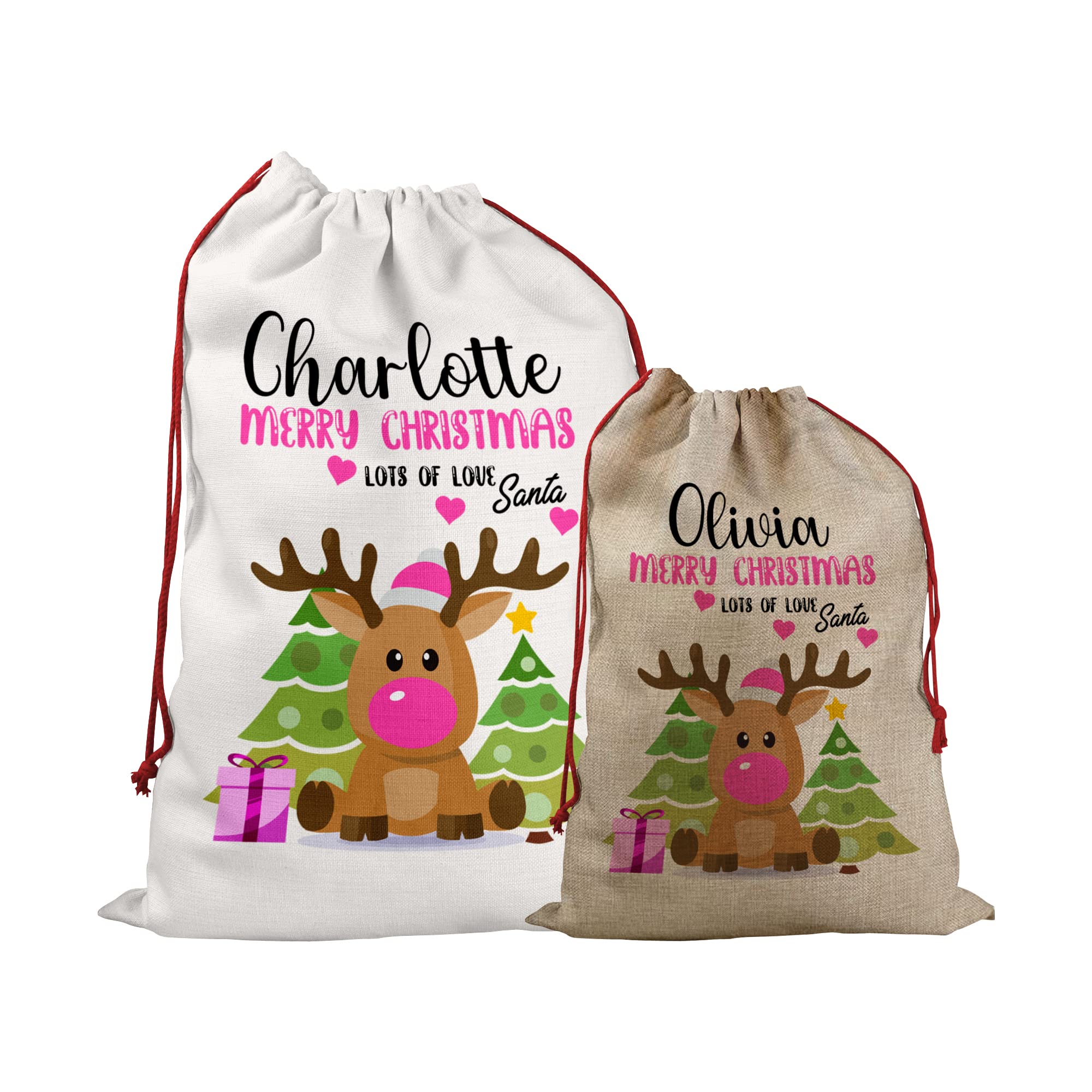 Print Maniacs Pink Personalised Santa Sack Father Christmas Bag Present Xmas Stocking Gift Elf Secret Special Delivery Naughty Nice Kids Children Presents Gifts Fun Rudolph Reindeer