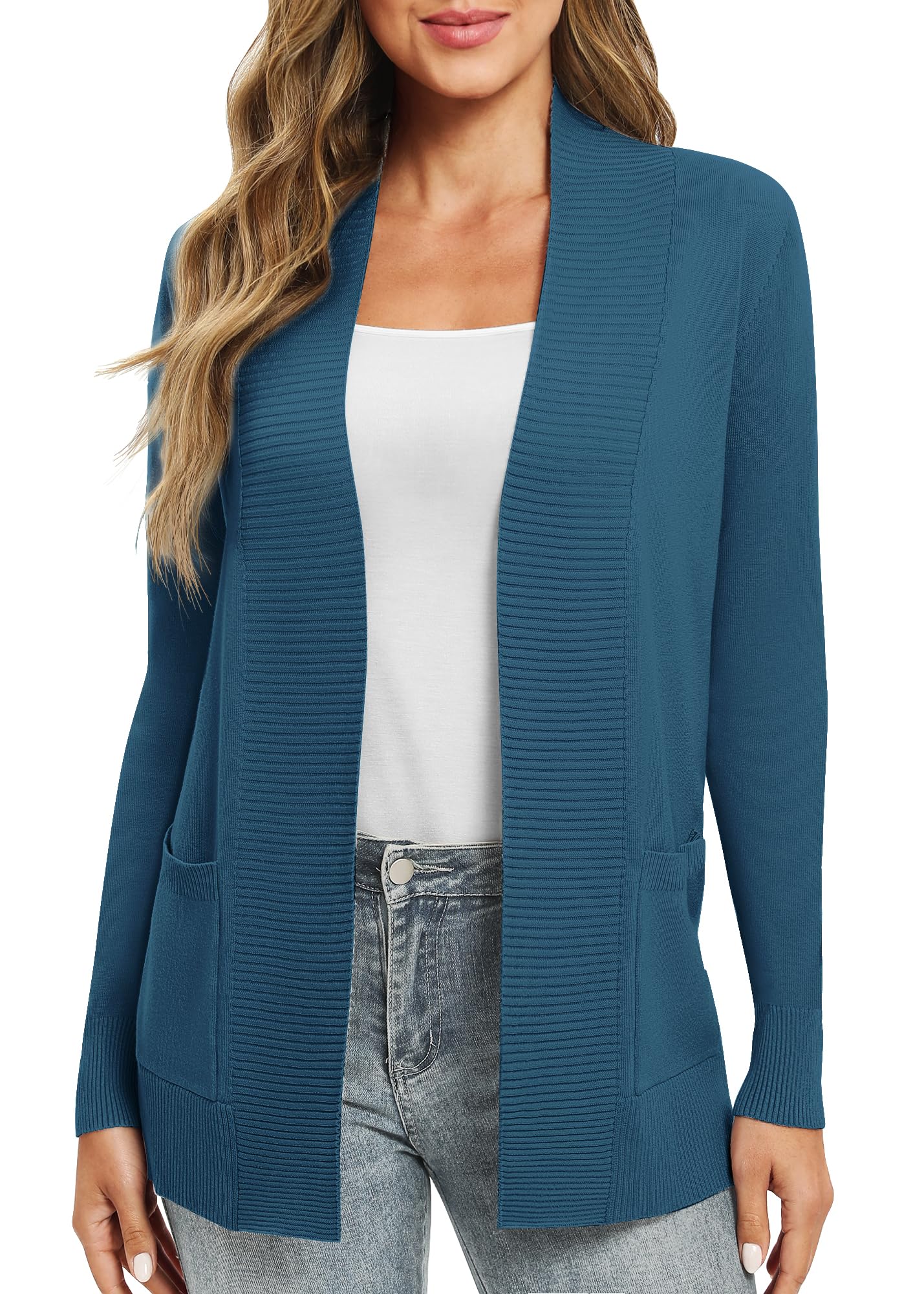 Women's Lightweight Long Sleeve Knit Cardigan with Pockets Open Front Casual Sweater for Spring Fall